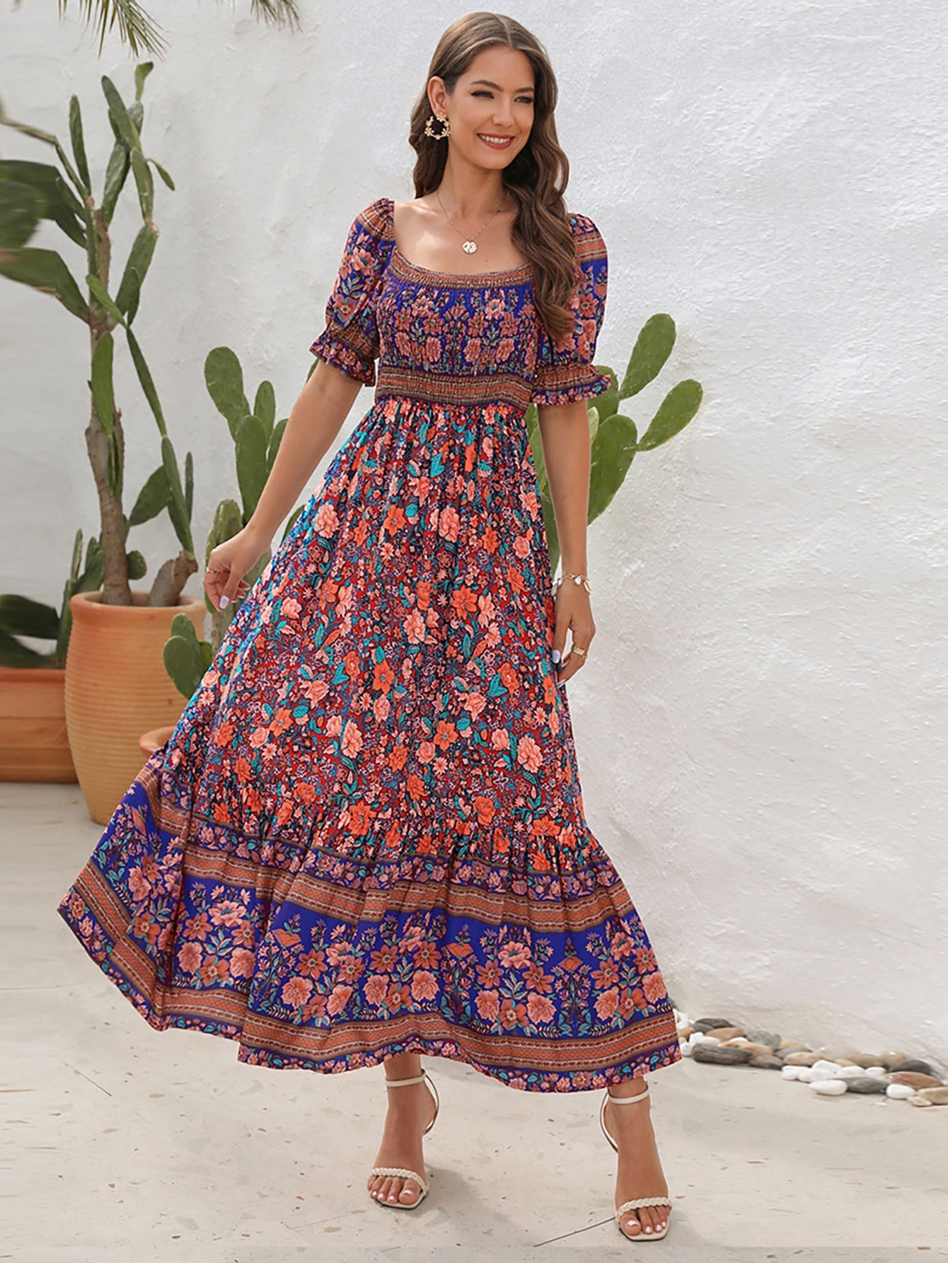 Blue Off The Shoulder Short Puffy Sleeves Long Summer Vacation Dress - Fashionpara