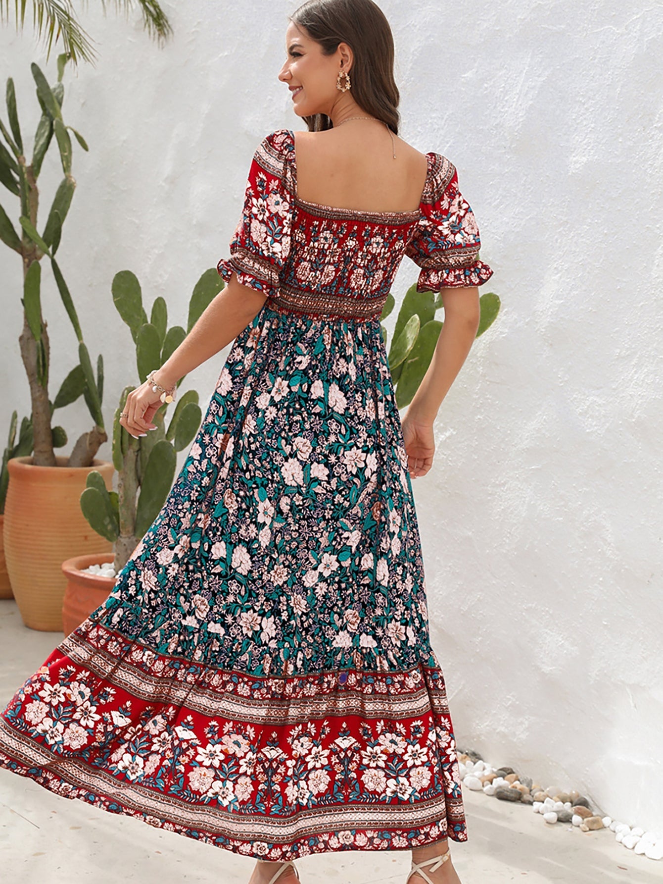 Blue Off The Shoulder Short Puffy Sleeves Long Summer Vacation Dress - Fashionpara