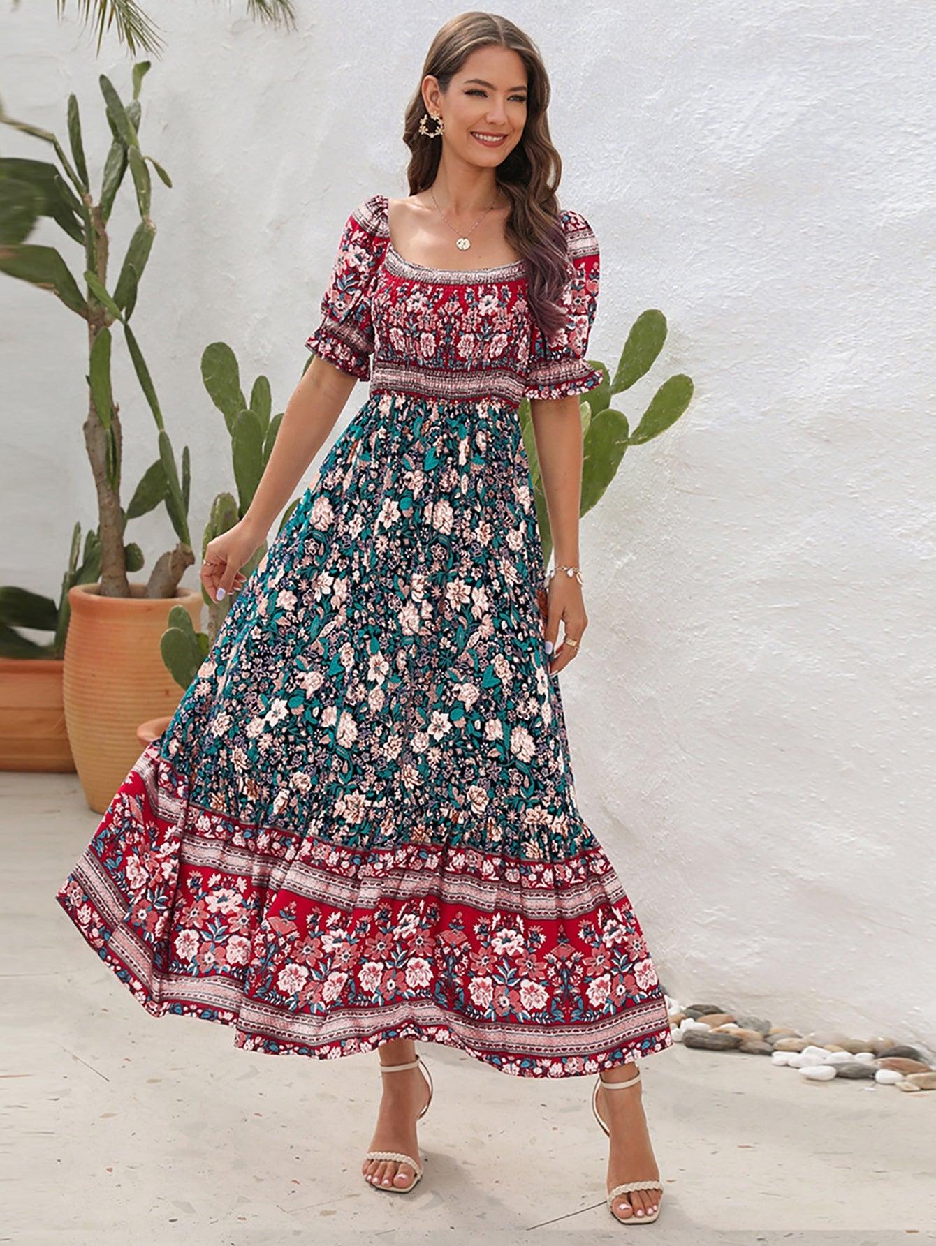 Blue Off The Shoulder Short Puffy Sleeves Long Summer Vacation Dress - Fashionpara