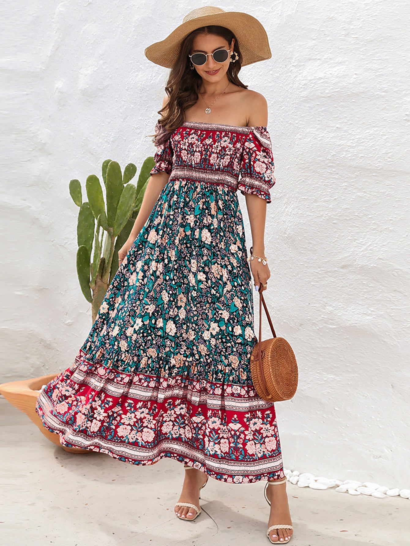 Blue Off The Shoulder Short Puffy Sleeves Long Summer Vacation Dress - Fashionpara