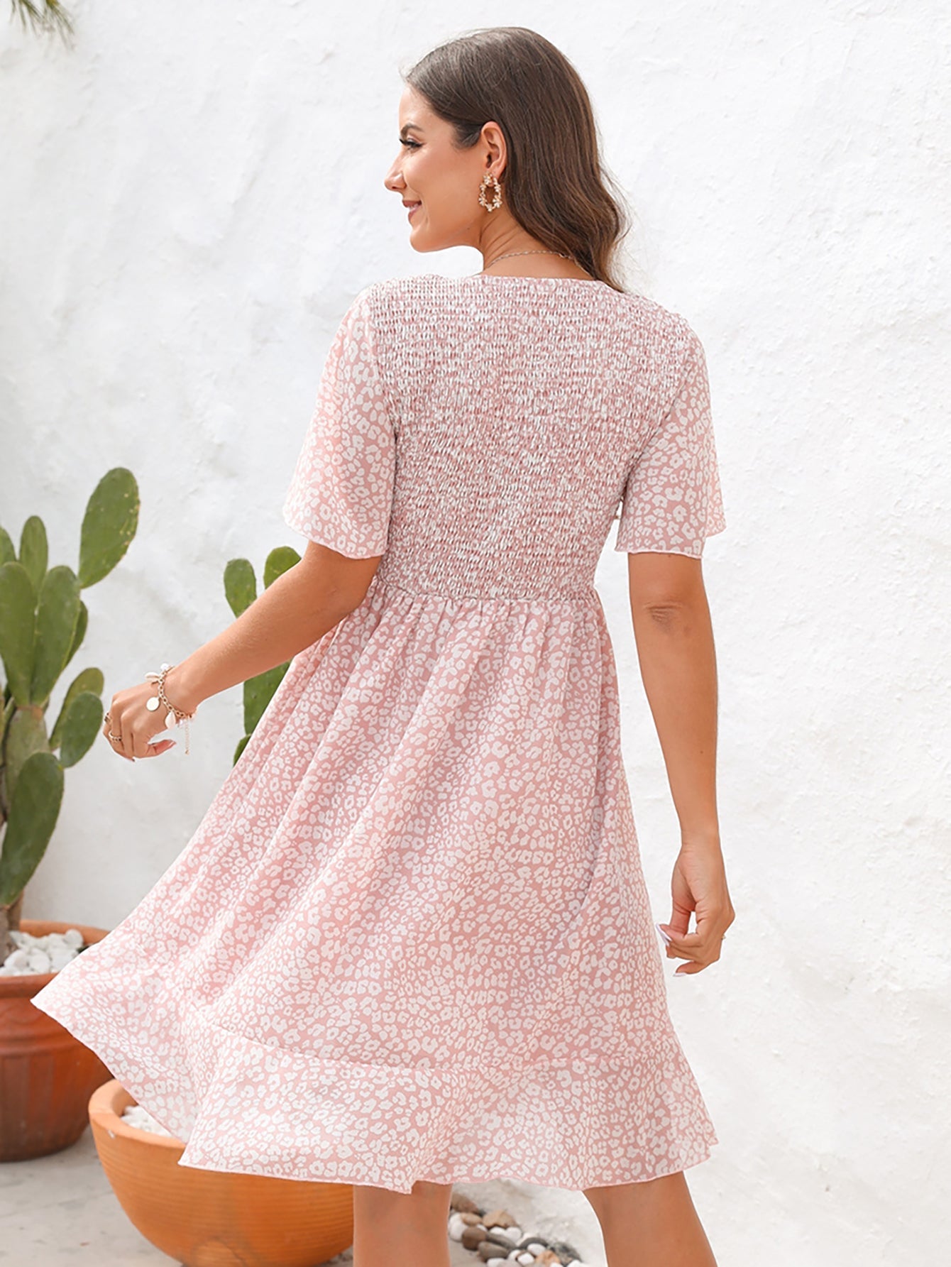 Pink Short Sleeves Chiffon Short Summer Vacation Dress - Fashionpara