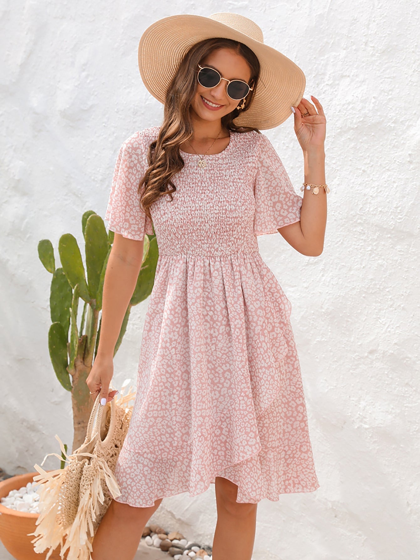 Pink Short Sleeves Chiffon Short Summer Vacation Dress - Fashionpara
