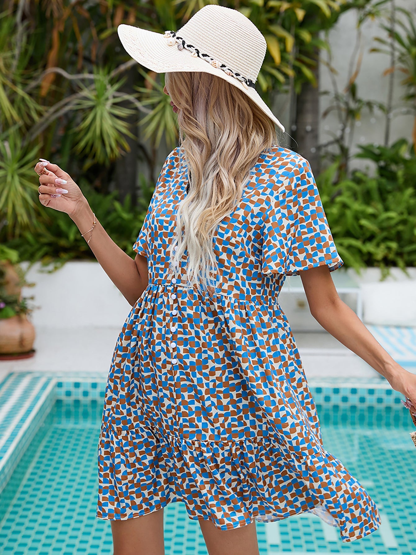 Blue Short Sleeves V Neck Short Summer Vacation Dress - Fashionpara