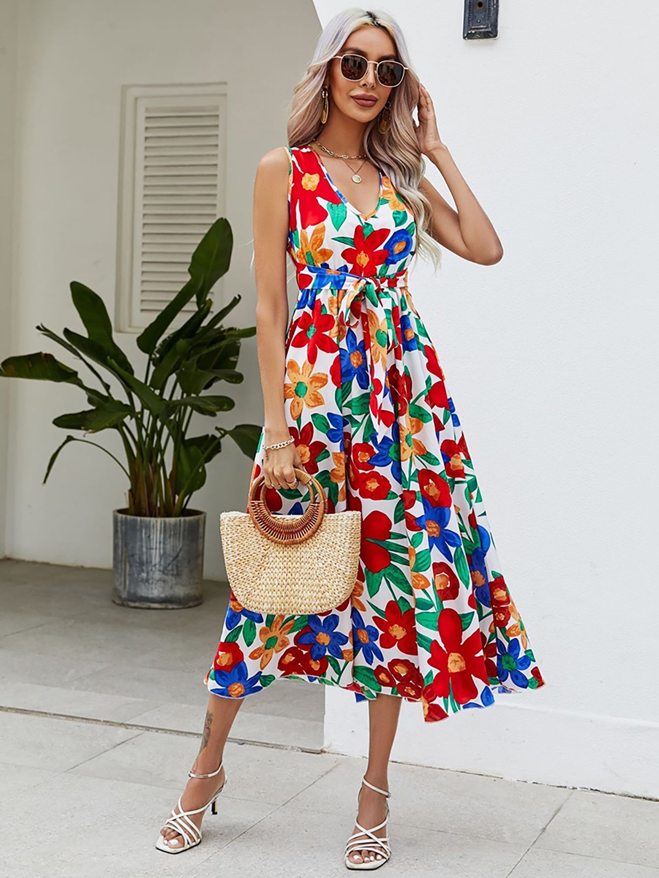 Red V Neck Long Summer Beach Vacation Dress - Fashionpara