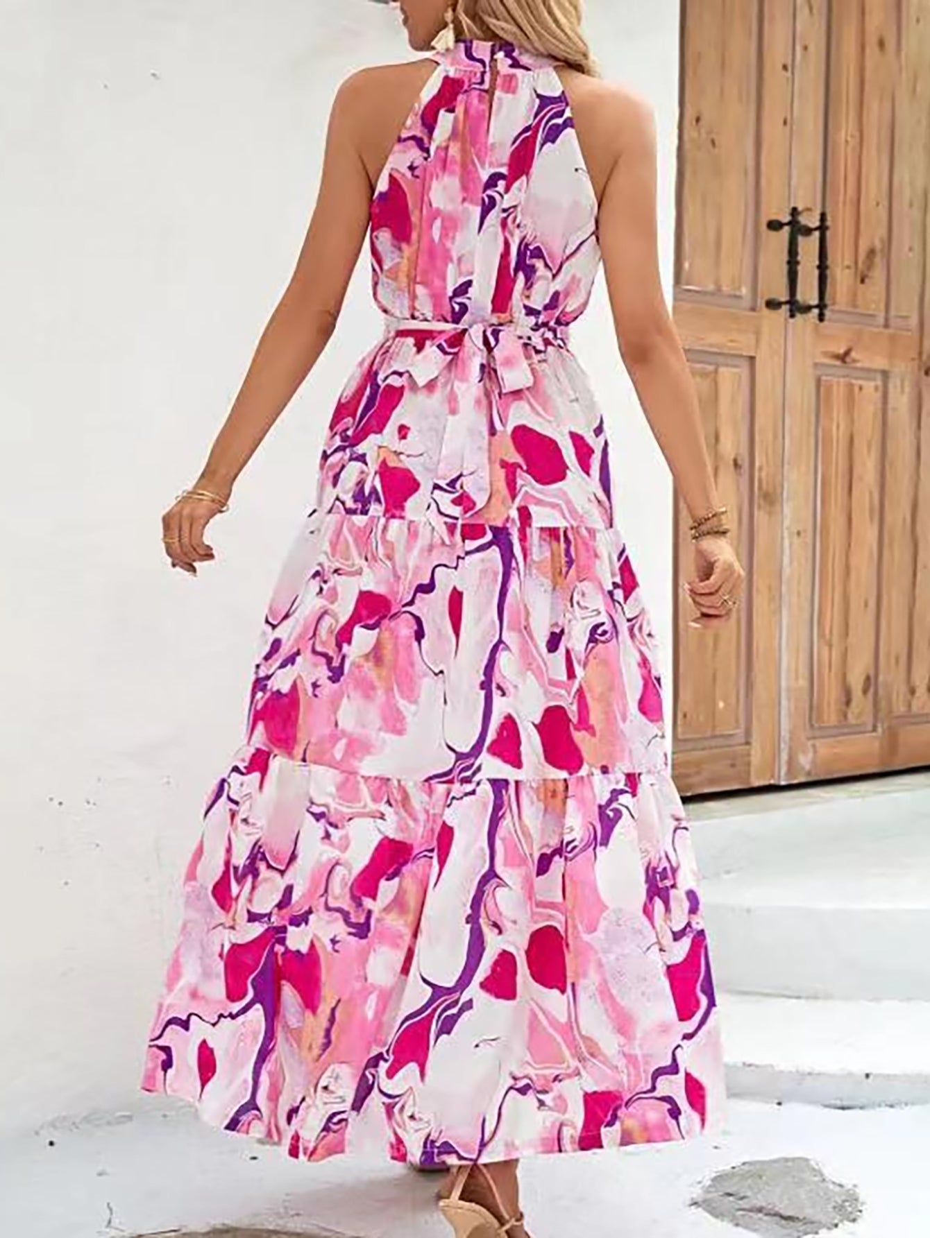 Pink Halter Long Summer Boho Vacation Dress - Fashionpara