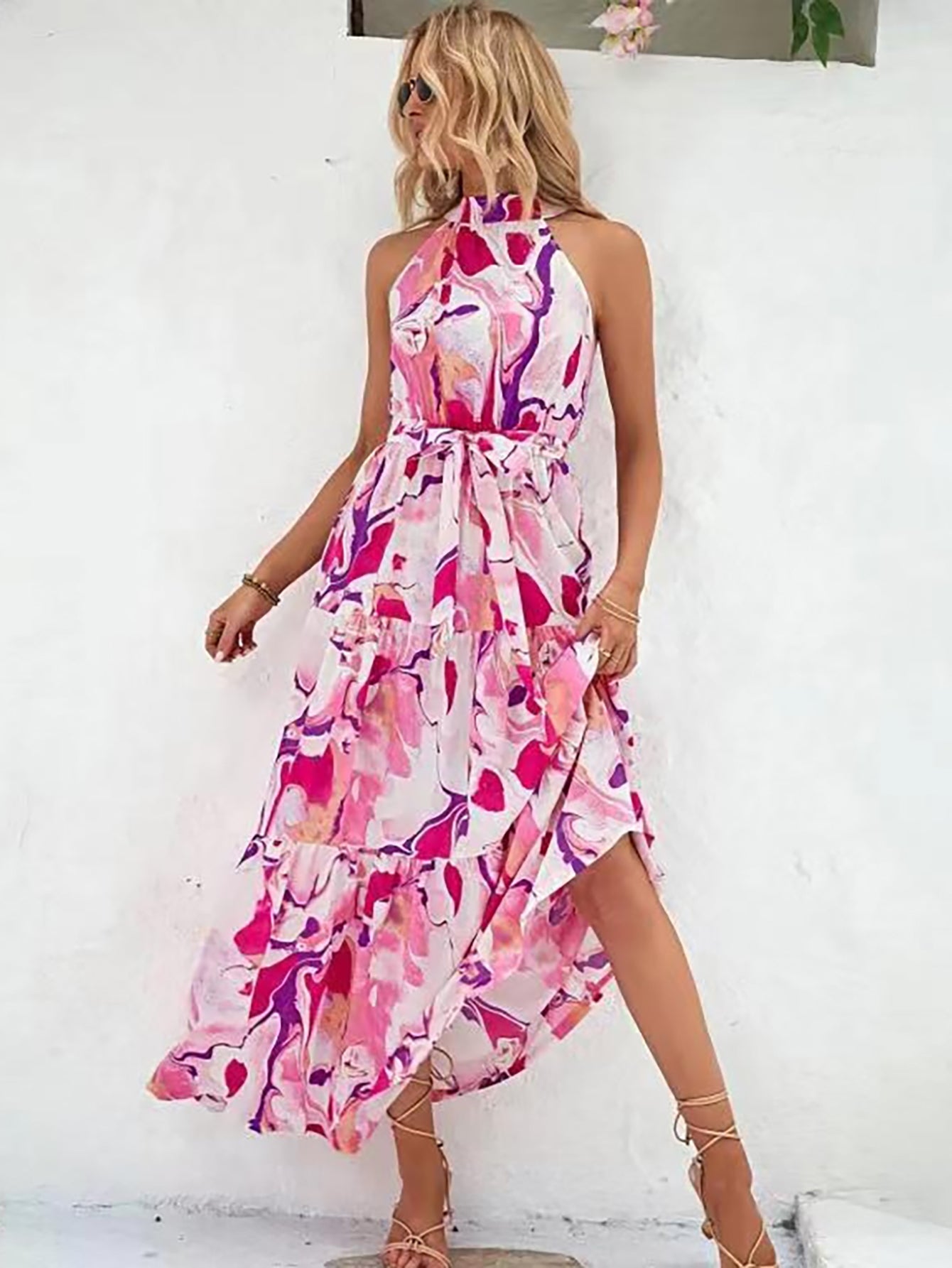 Pink Halter Long Summer Boho Vacation Dress - Fashionpara