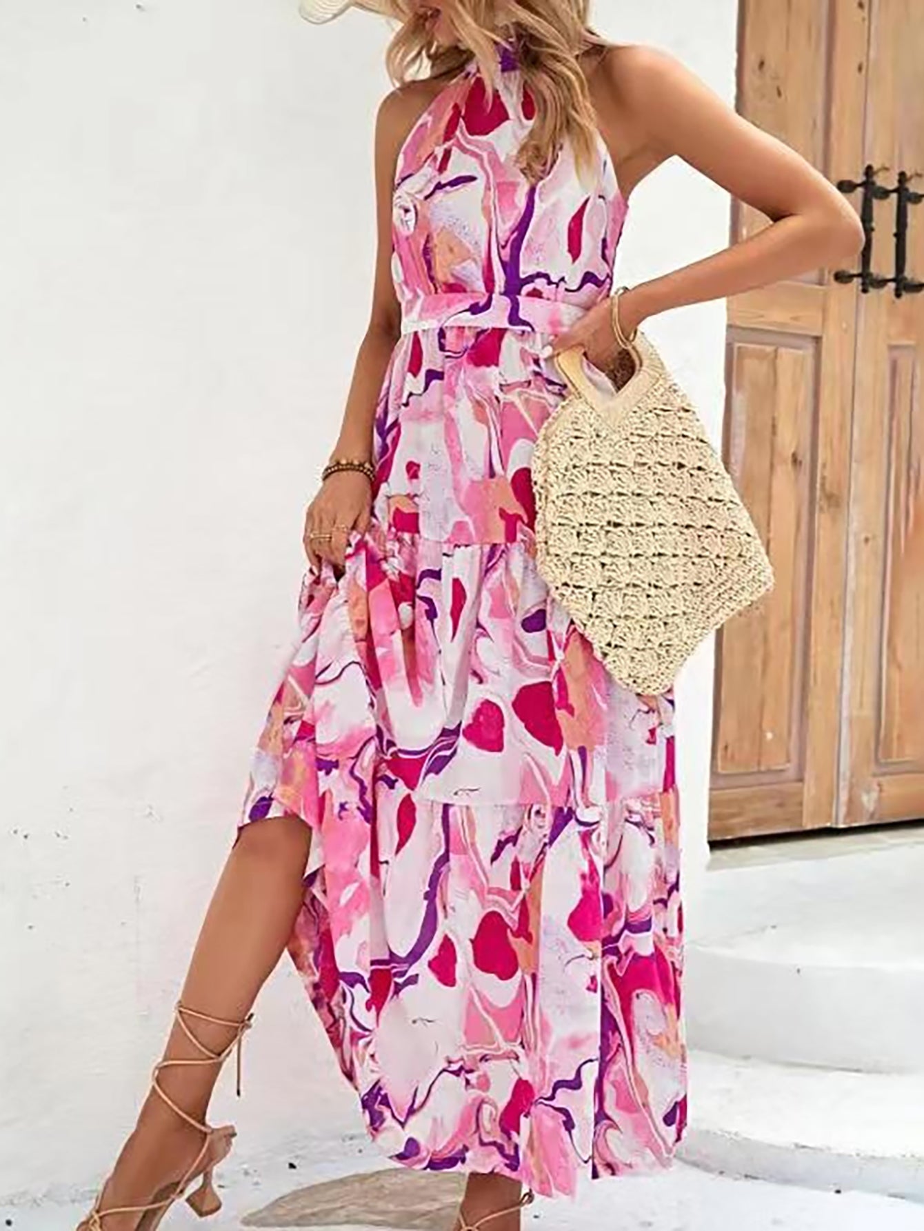 Pink Halter Long Summer Boho Vacation Dress - Fashionpara