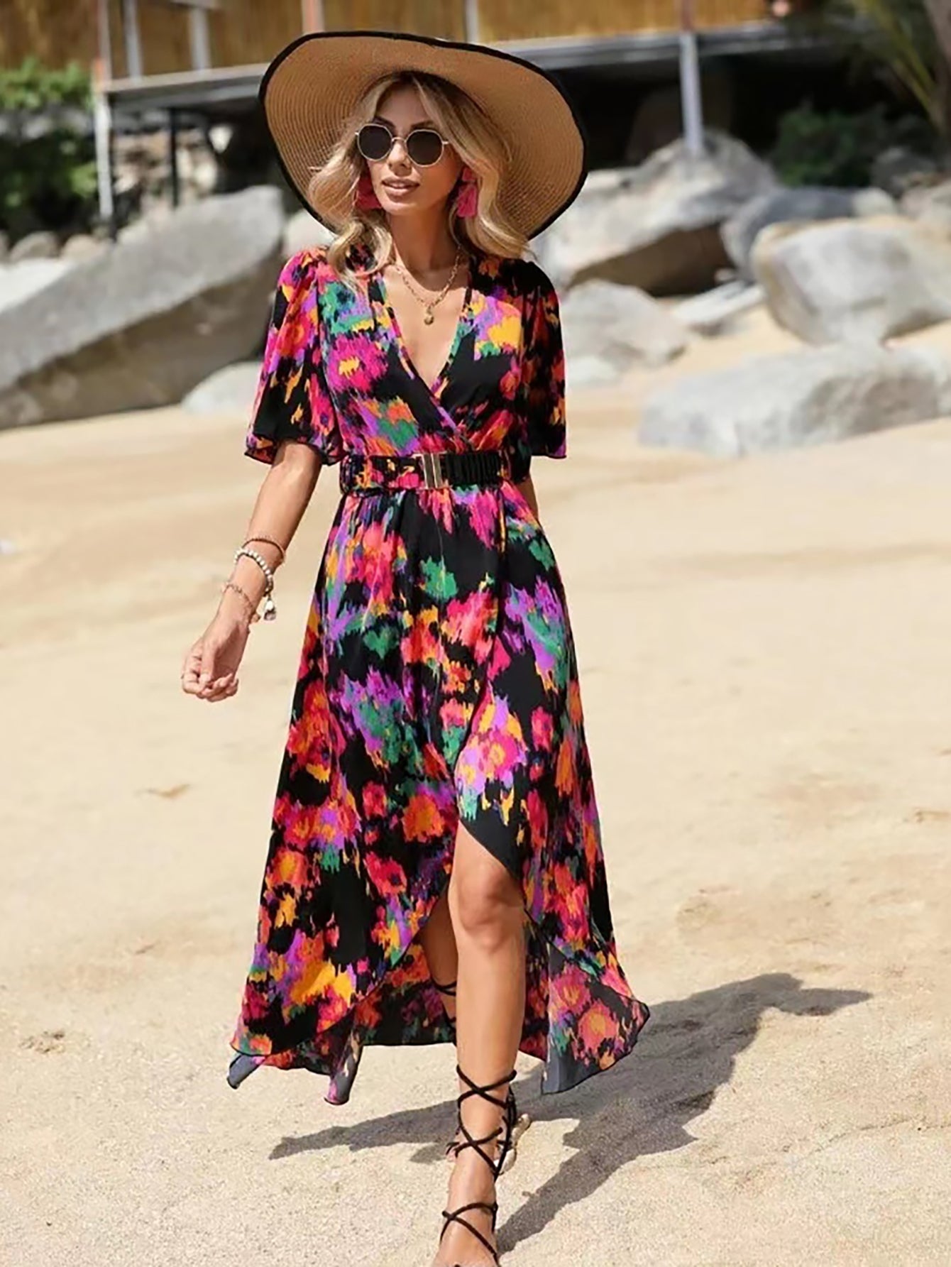 Black V Neck Beach Long Summer Vacation Dress - Fashionpara