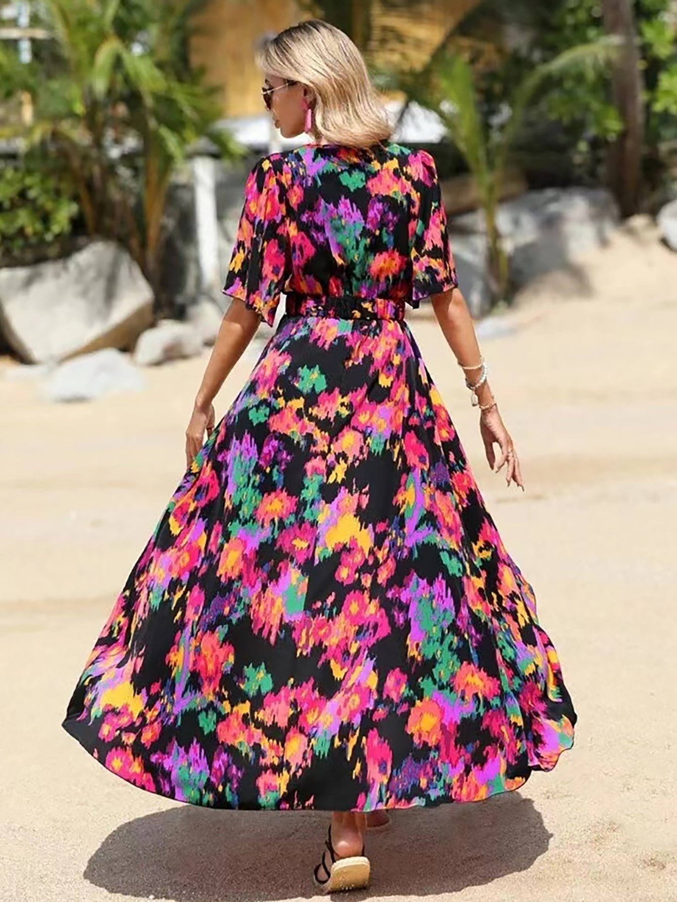 Black V Neck Beach Long Summer Vacation Dress - Fashionpara