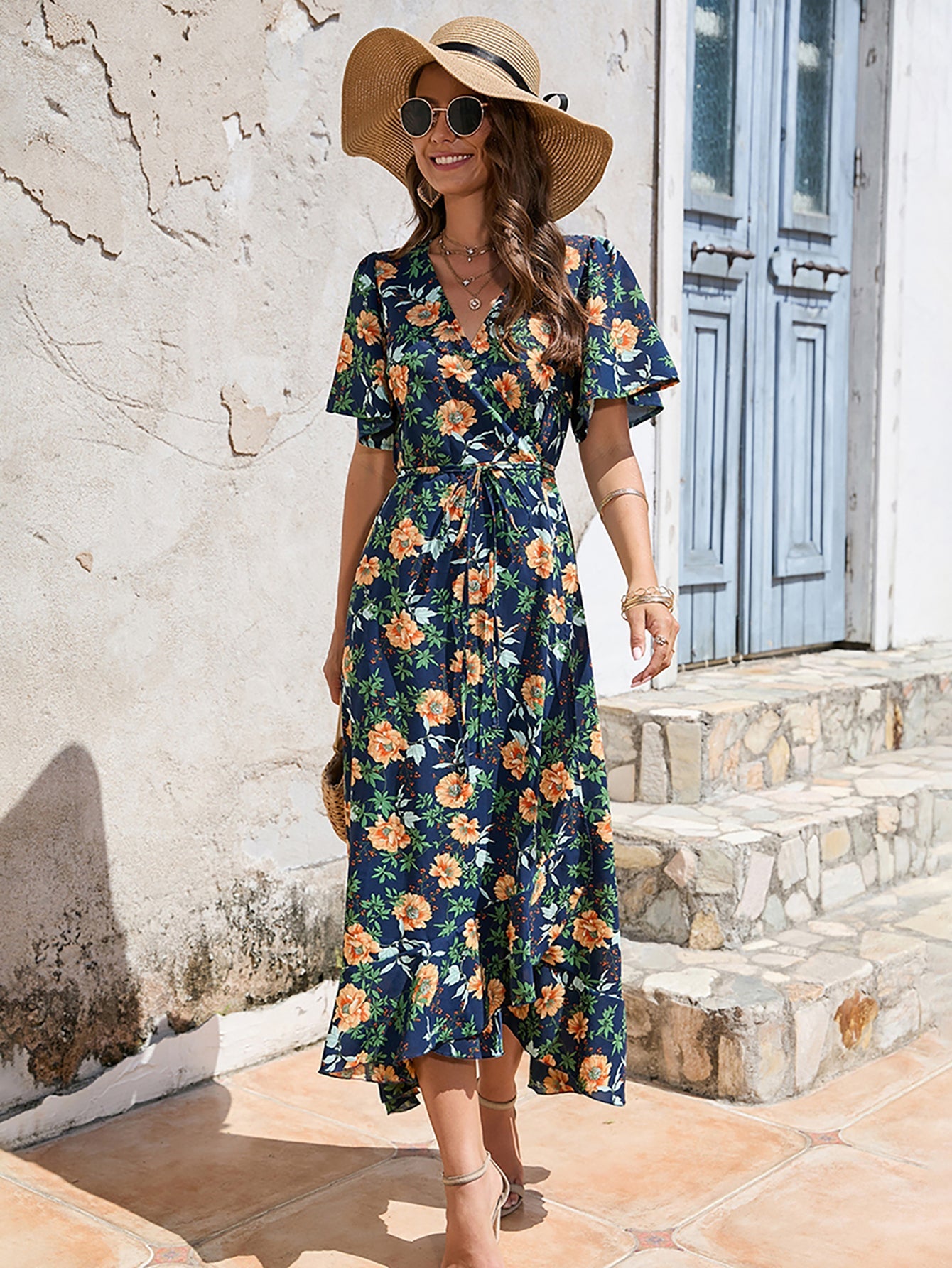 Dark blue V Neck Beach Long Summer Vacation Dress - Fashionpara