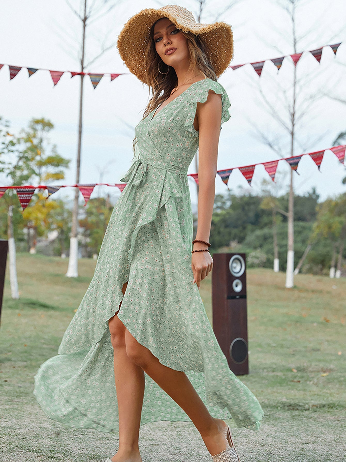 Green V Neck Beach Long Summer Vacation Dress - Fashionpara