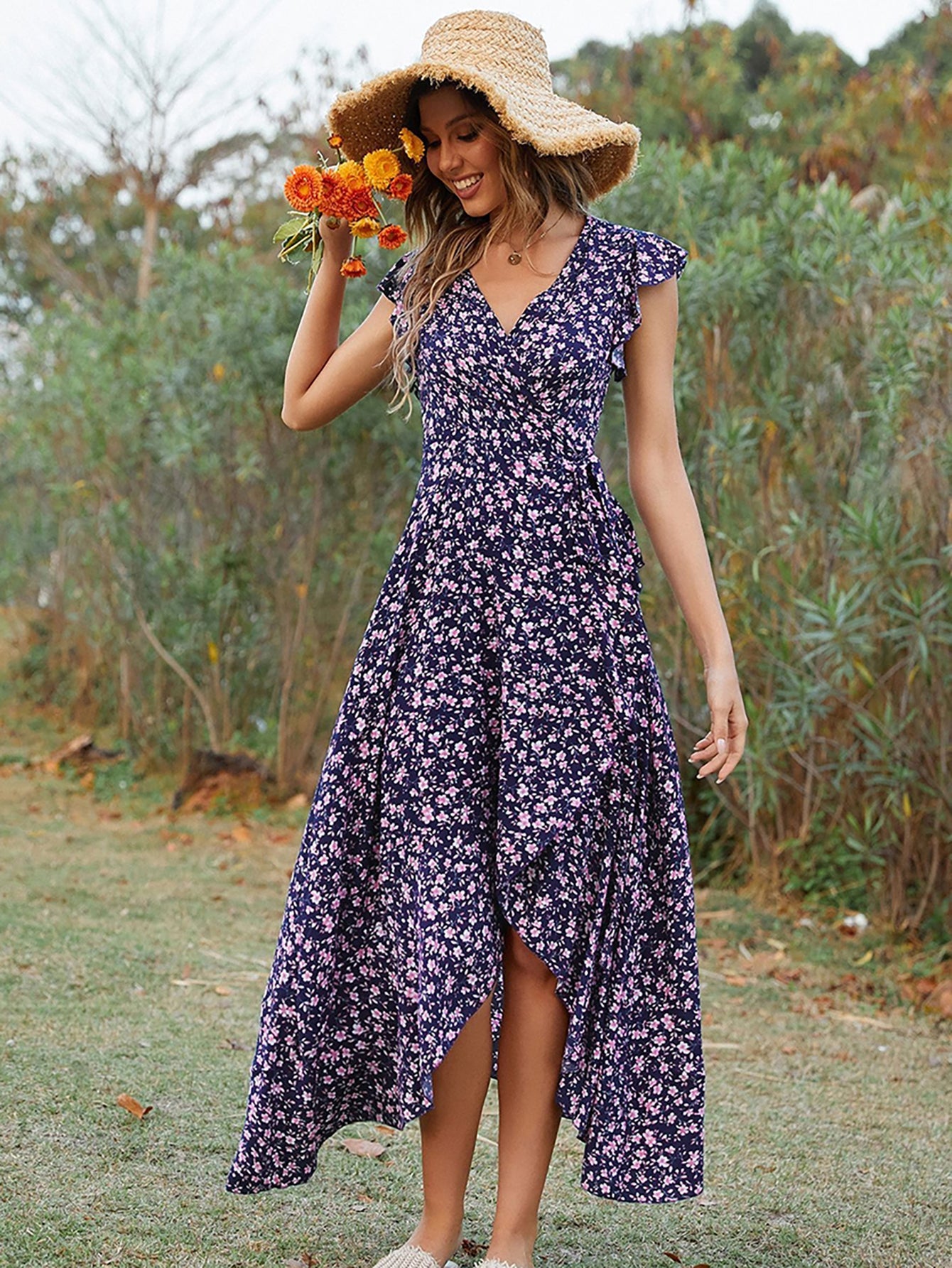 Green V Neck Beach Long Summer Vacation Dress - Fashionpara