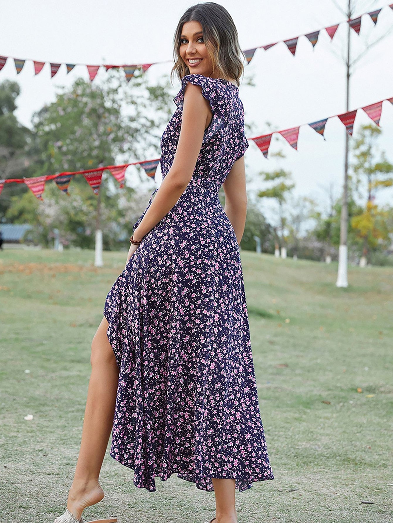 Green V Neck Beach Long Summer Vacation Dress - Fashionpara