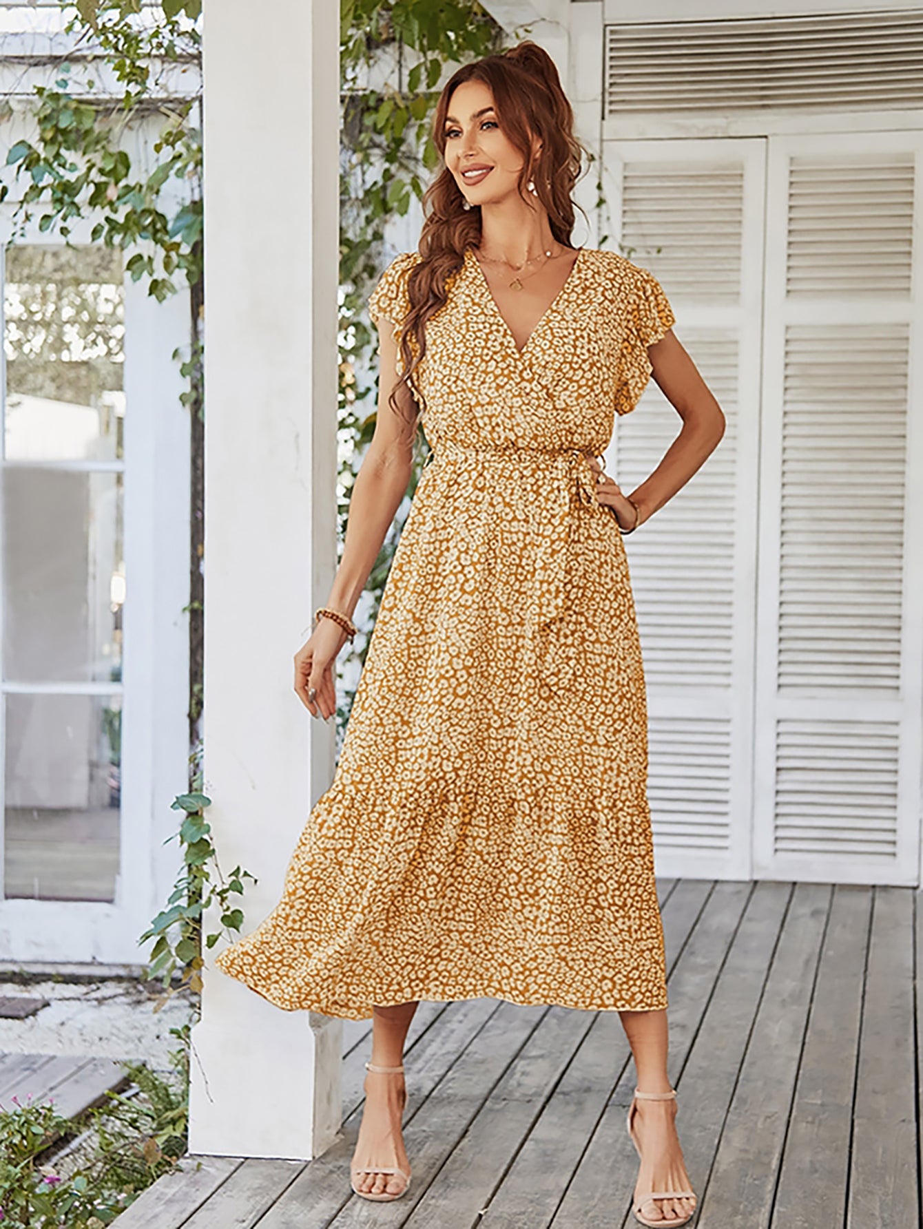 Flowy V Neck Yellow Long Summer Vacation Dress - Fashionpara