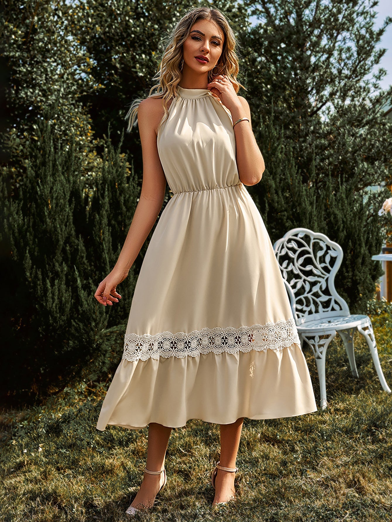 Halter Yellow Lace Long Summer Dress - Fashionpara