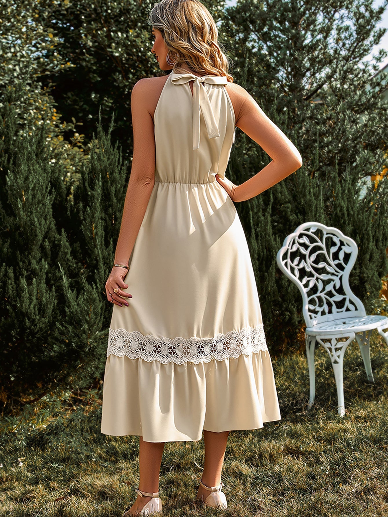 Halter Yellow Lace Long Summer Dress - Fashionpara