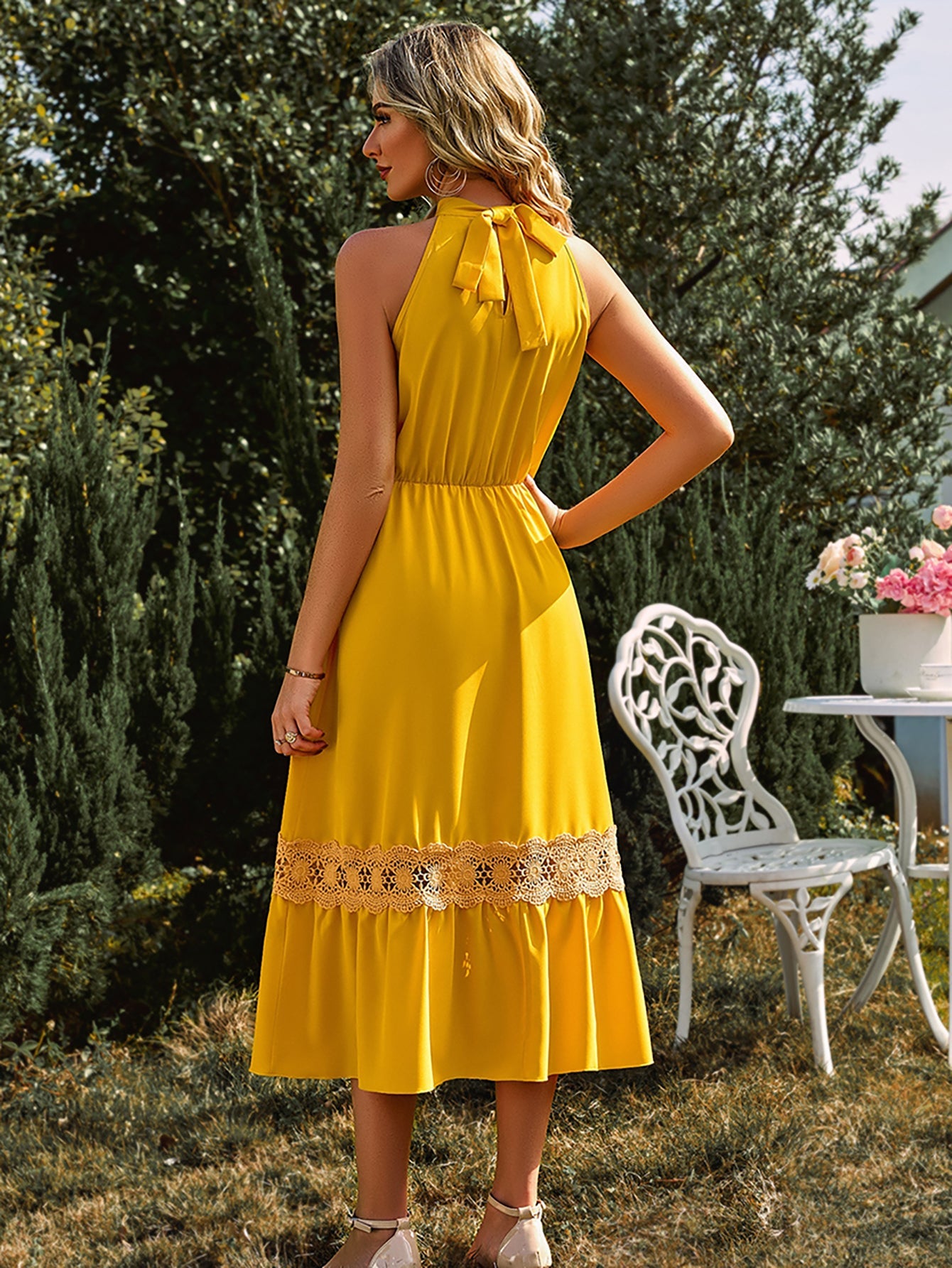 Halter Yellow Lace Long Summer Dress - Fashionpara