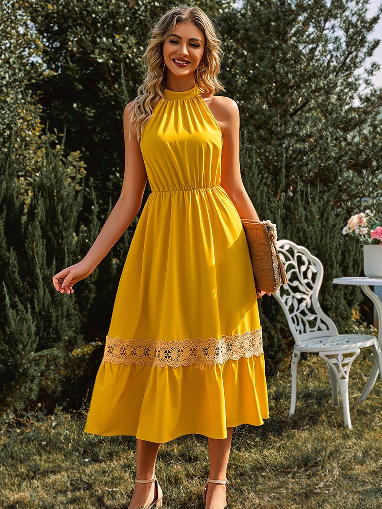 Halter Yellow Lace Long Summer Dress - Fashionpara