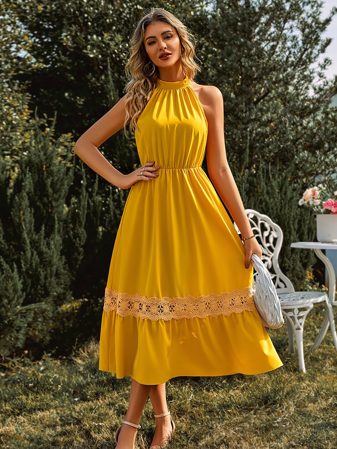 Halter Yellow Lace Long Summer Dress - Fashionpara