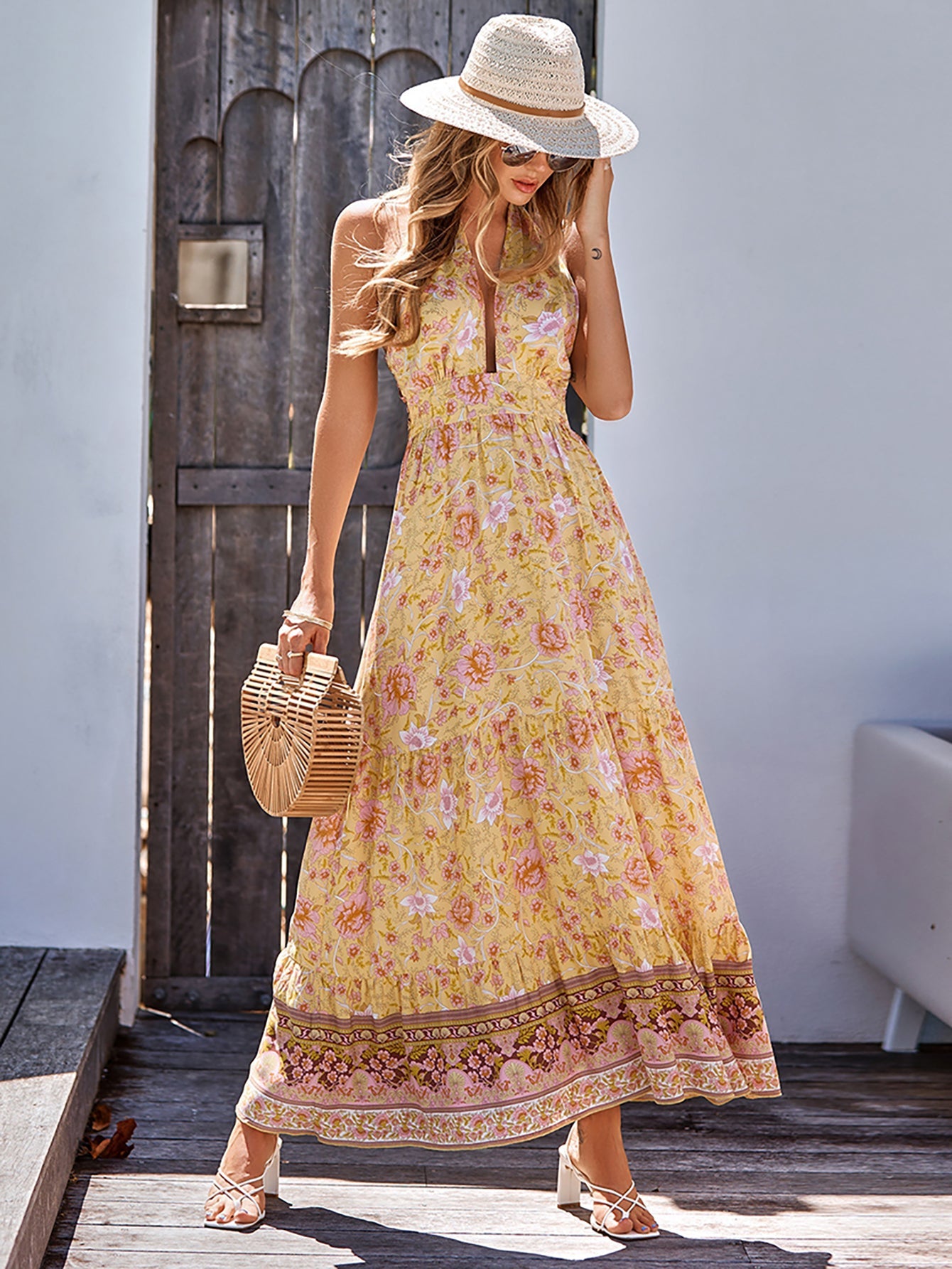 Halter Yellow Boho Long Summer Dress - Fashionpara