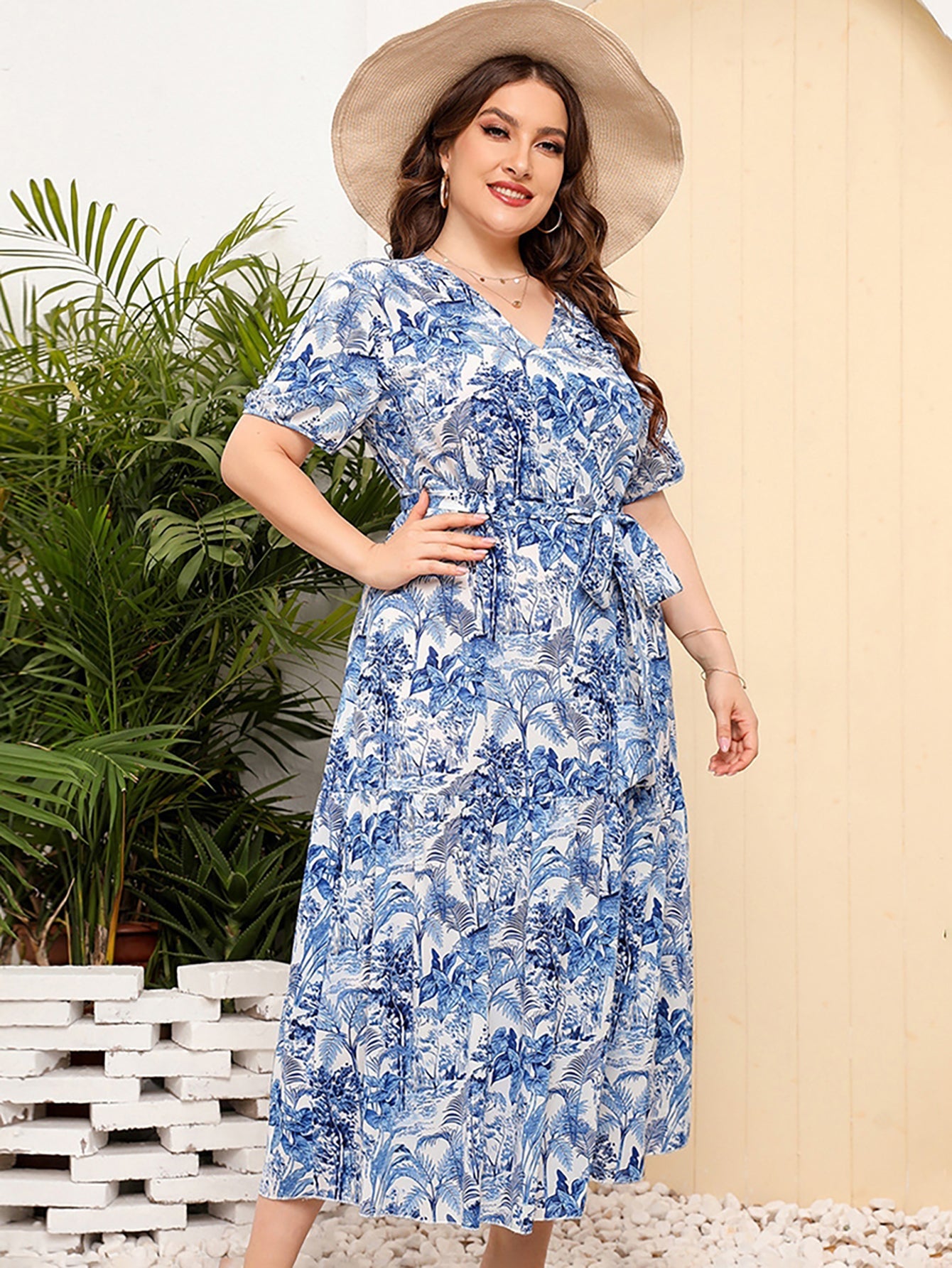 Flowy Plus Size V Neck Blue Long Summer Vacation Dress - Fashionpara