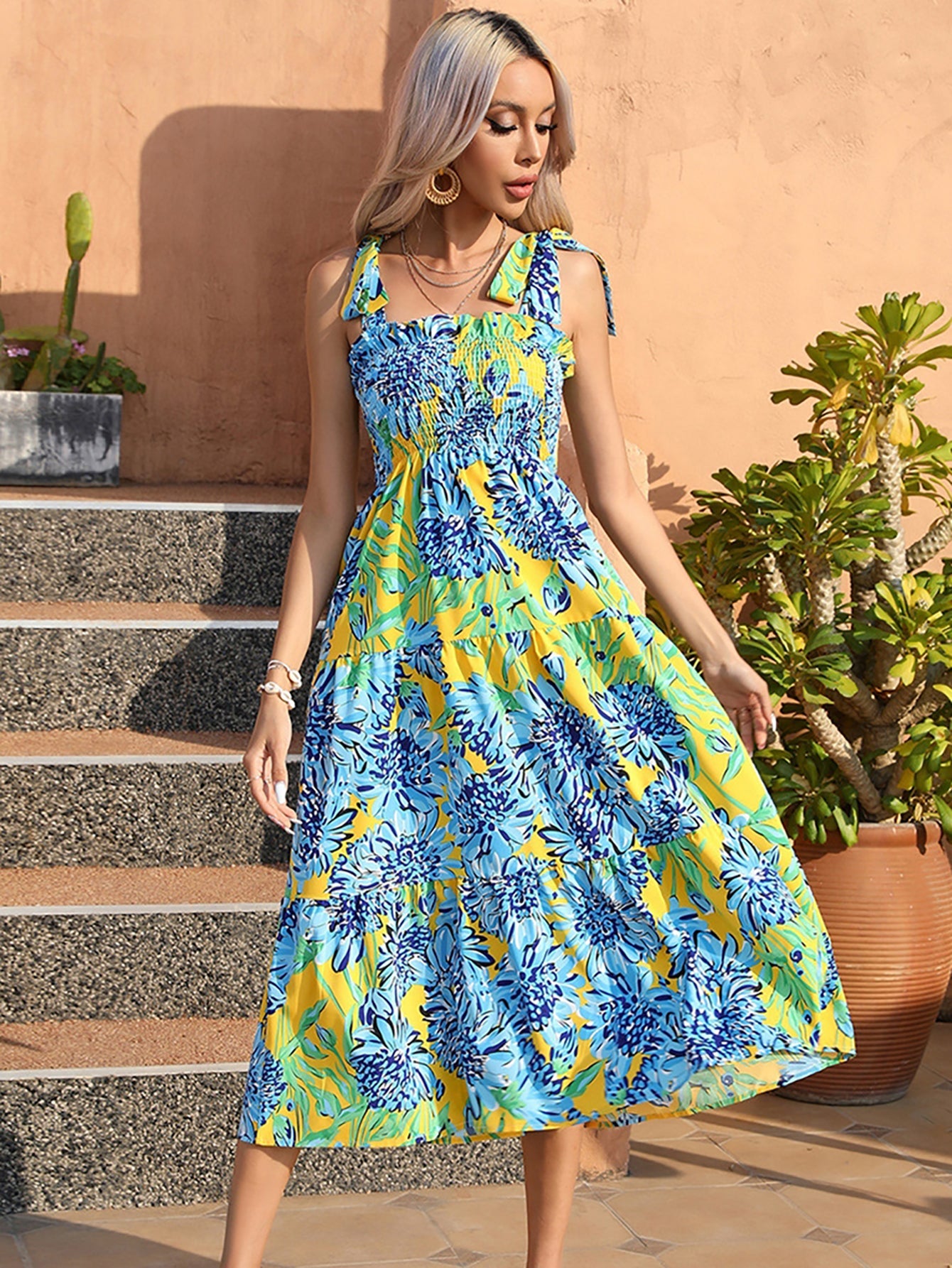 Yellow Floral Flowy Long Summer Vacation Dress - Fashionpara