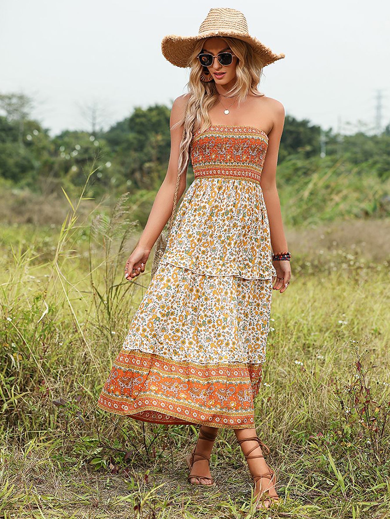 Orange Off The Shoulder A Line Long Boho Dress - Fashionpara
