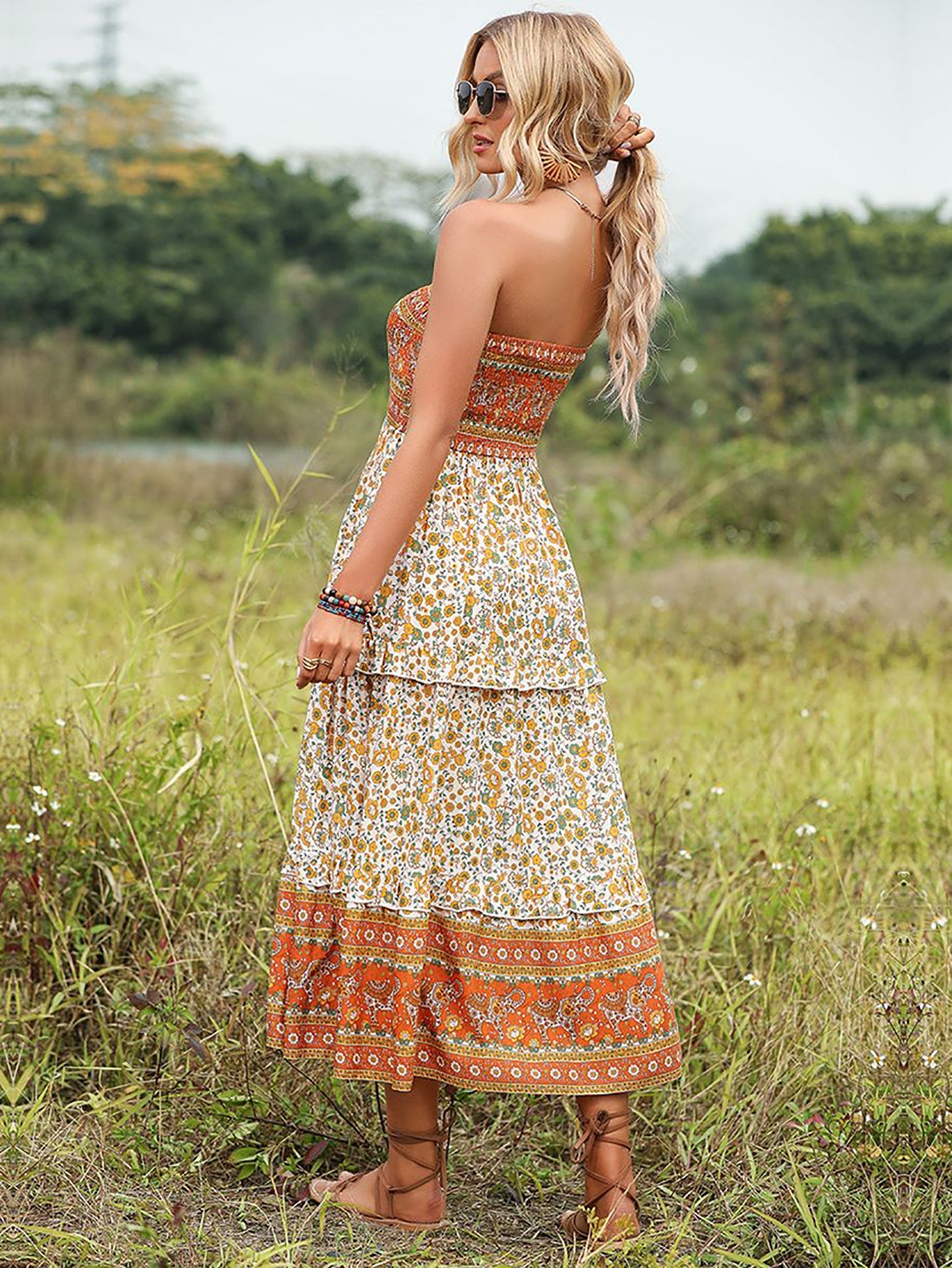 Orange Off The Shoulder A Line Long Boho Dress - Fashionpara