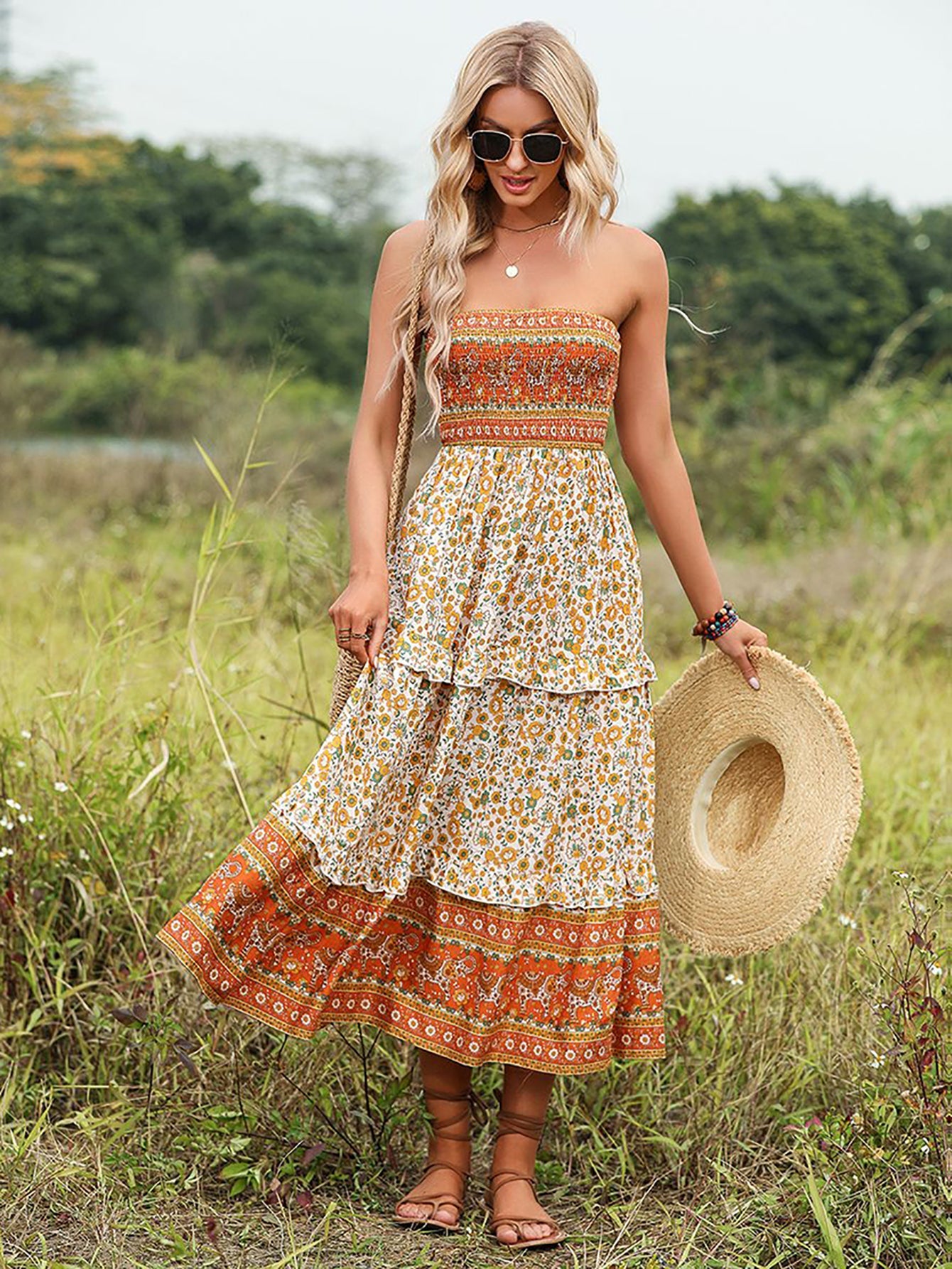Orange Off The Shoulder A Line Long Boho Dress - Fashionpara