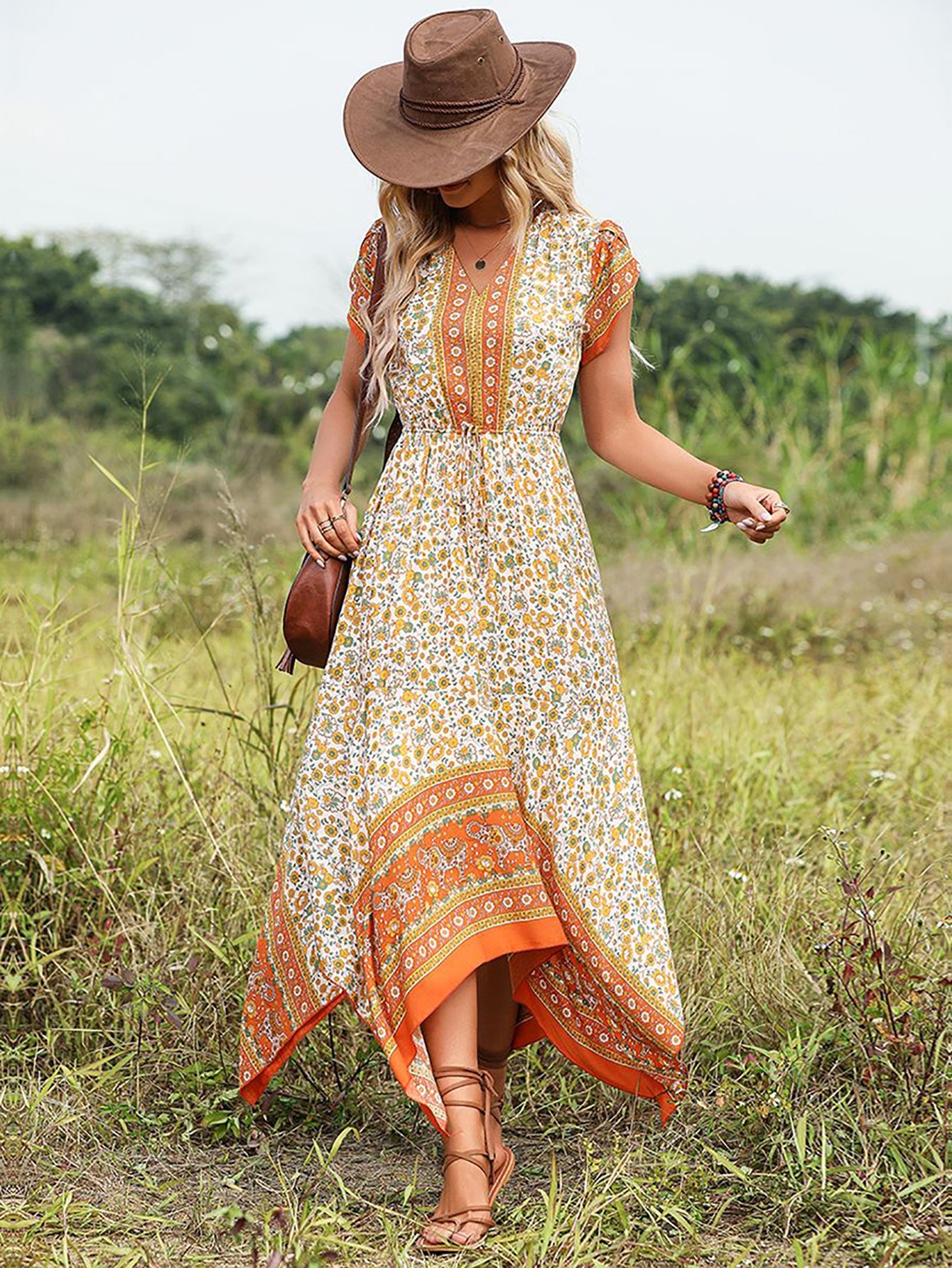 Orange A Line Floral Long Vacation Boho Dress - Fashionpara