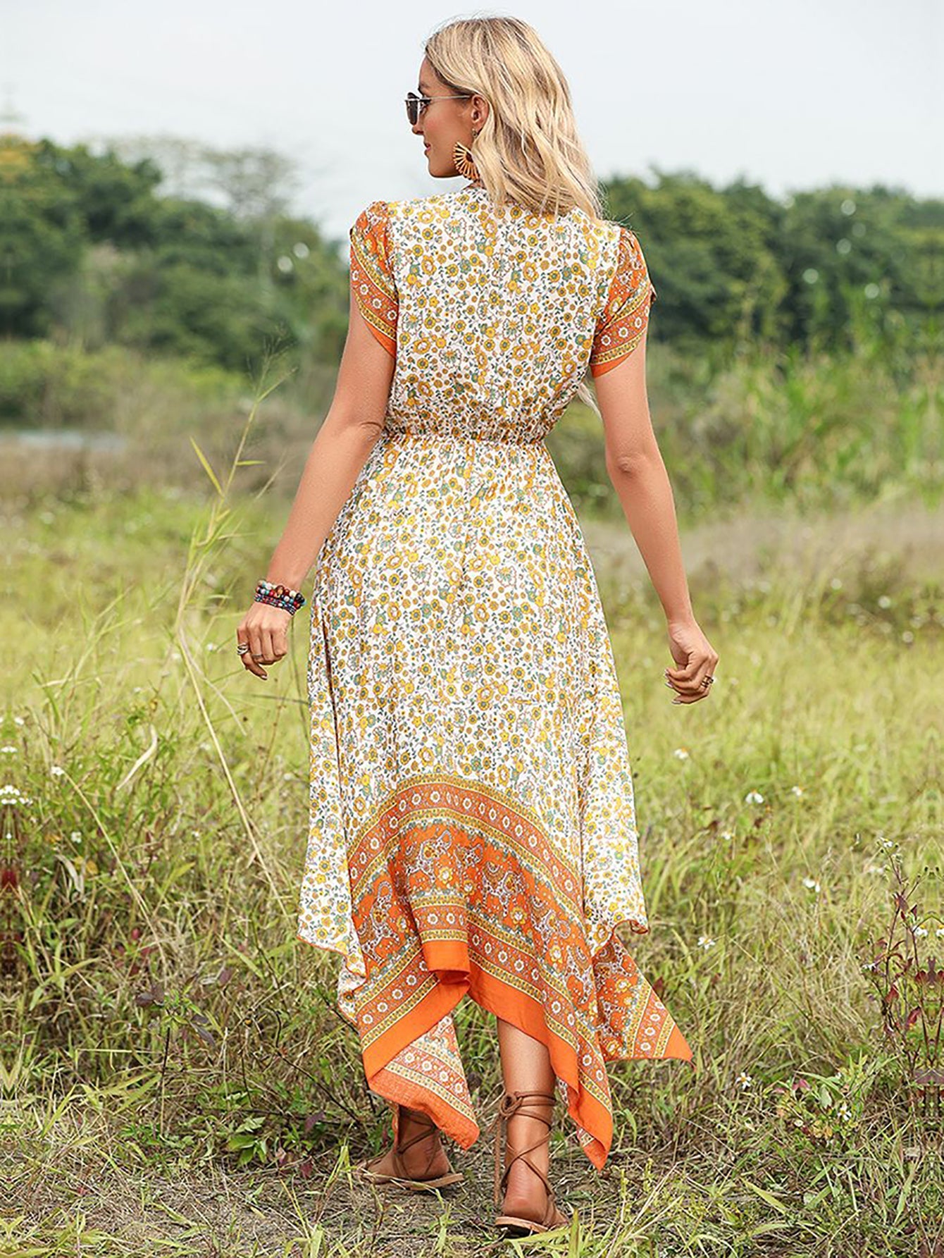 Orange A Line Floral Long Vacation Boho Dress - Fashionpara