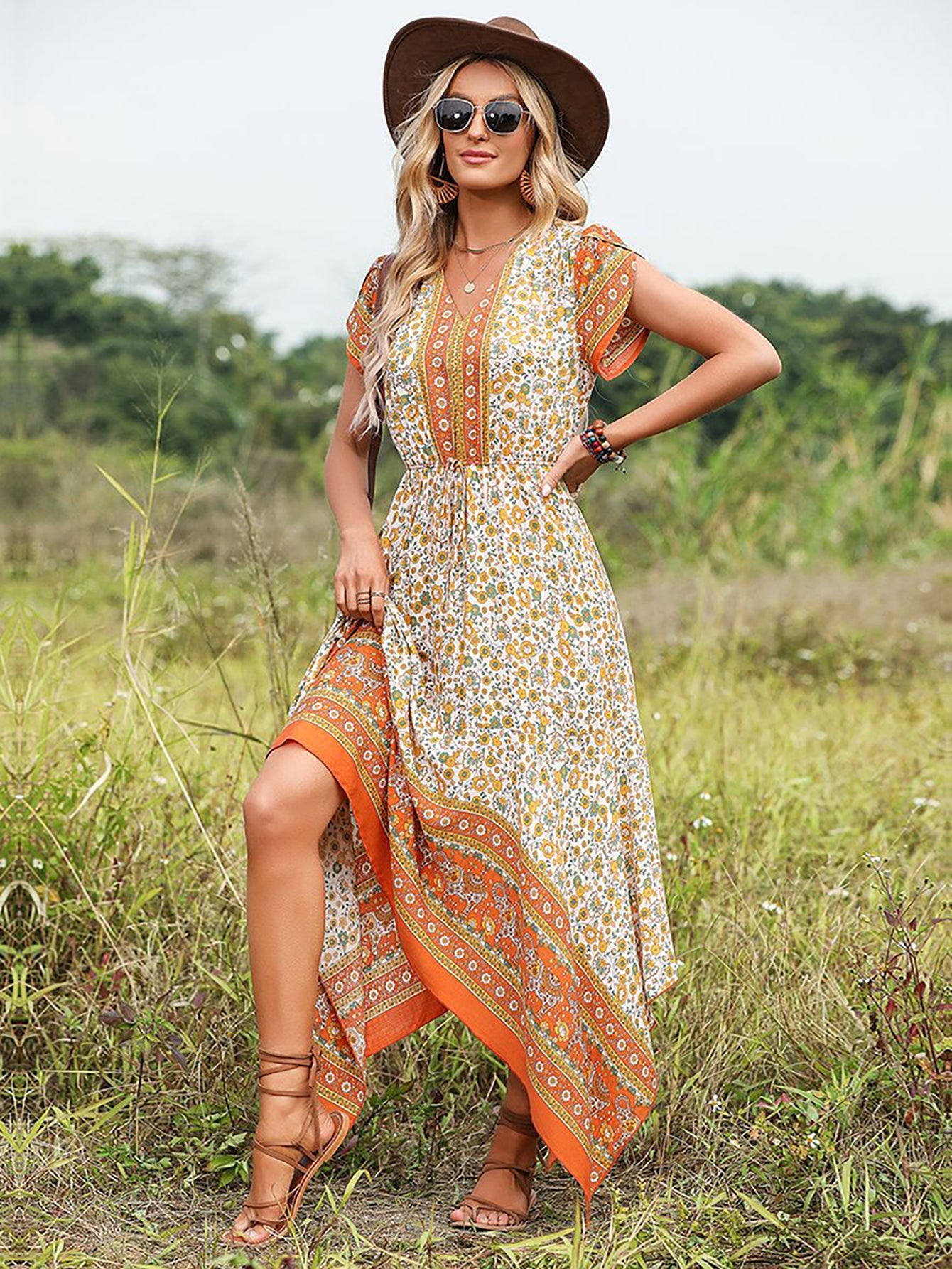 Orange A Line Floral Long Vacation Boho Dress - Fashionpara