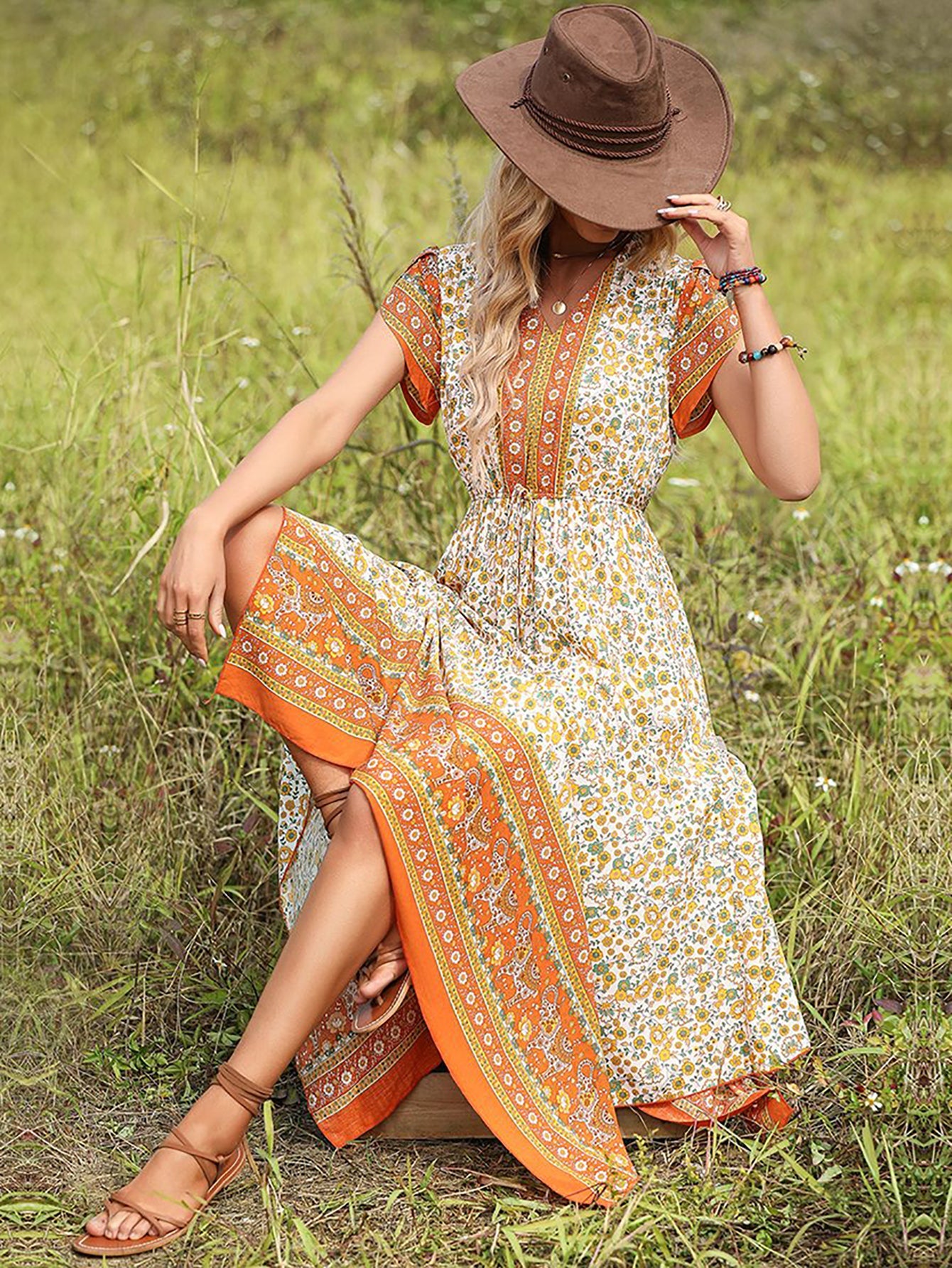Orange A Line Floral Long Vacation Boho Dress - Fashionpara