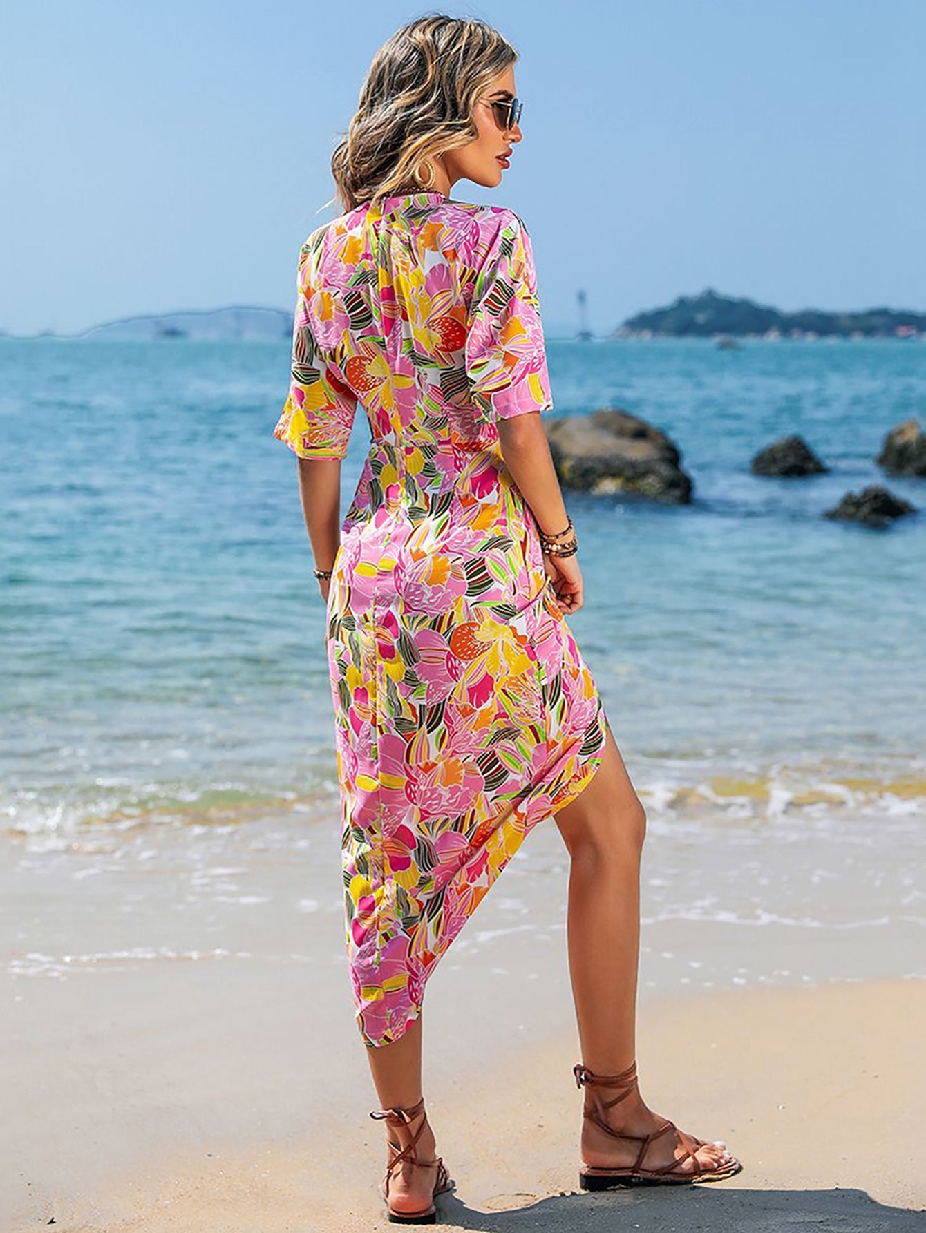 Pink Mermaid Floral Beach Long Vacation Dress - Fashionpara