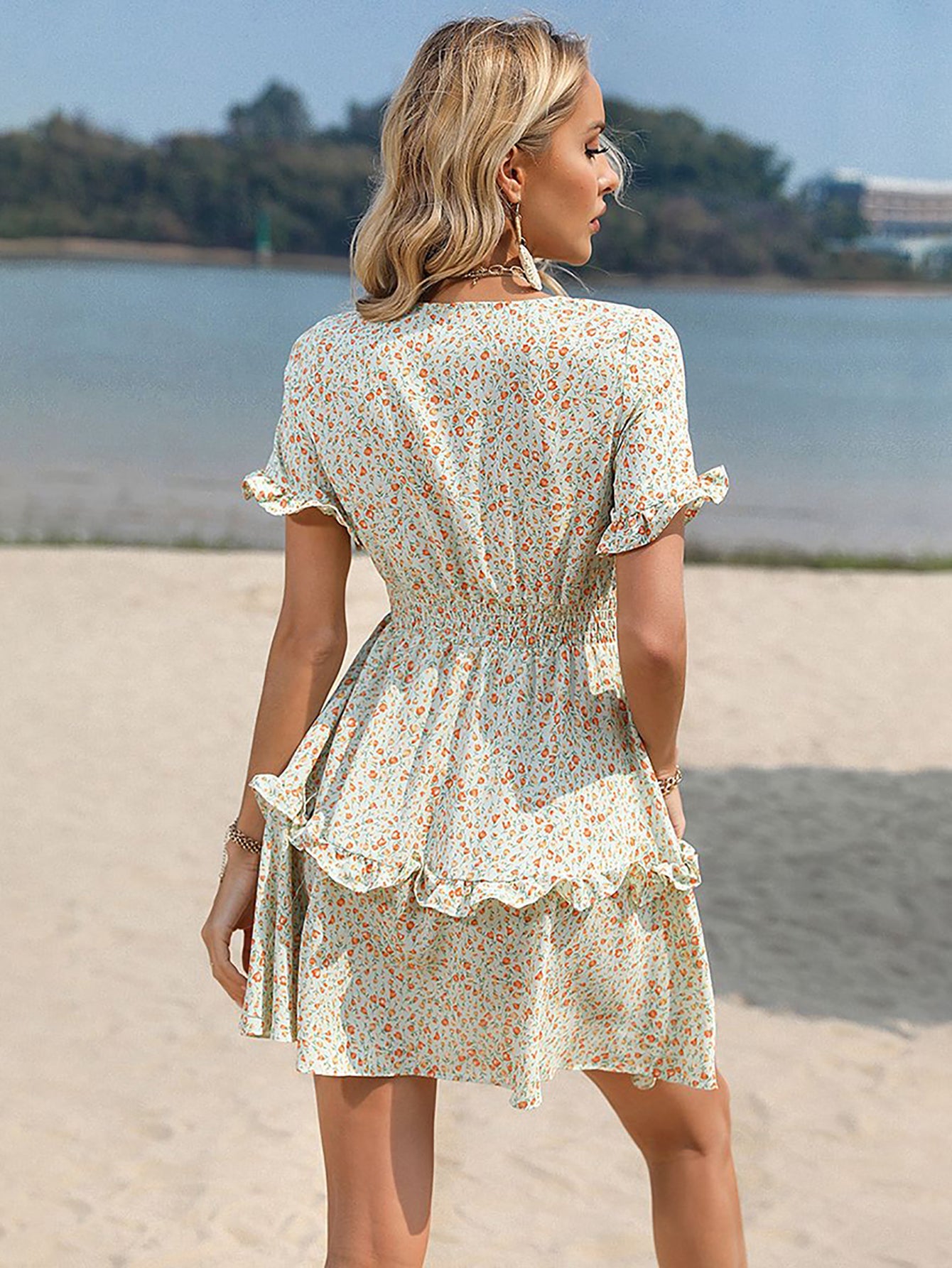 Green A Line Floral Sweet Short Vacation Dress - Fashionpara