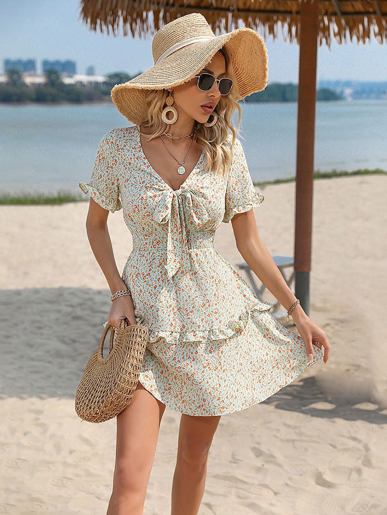 Green A Line Floral Sweet Short Vacation Dress - Fashionpara