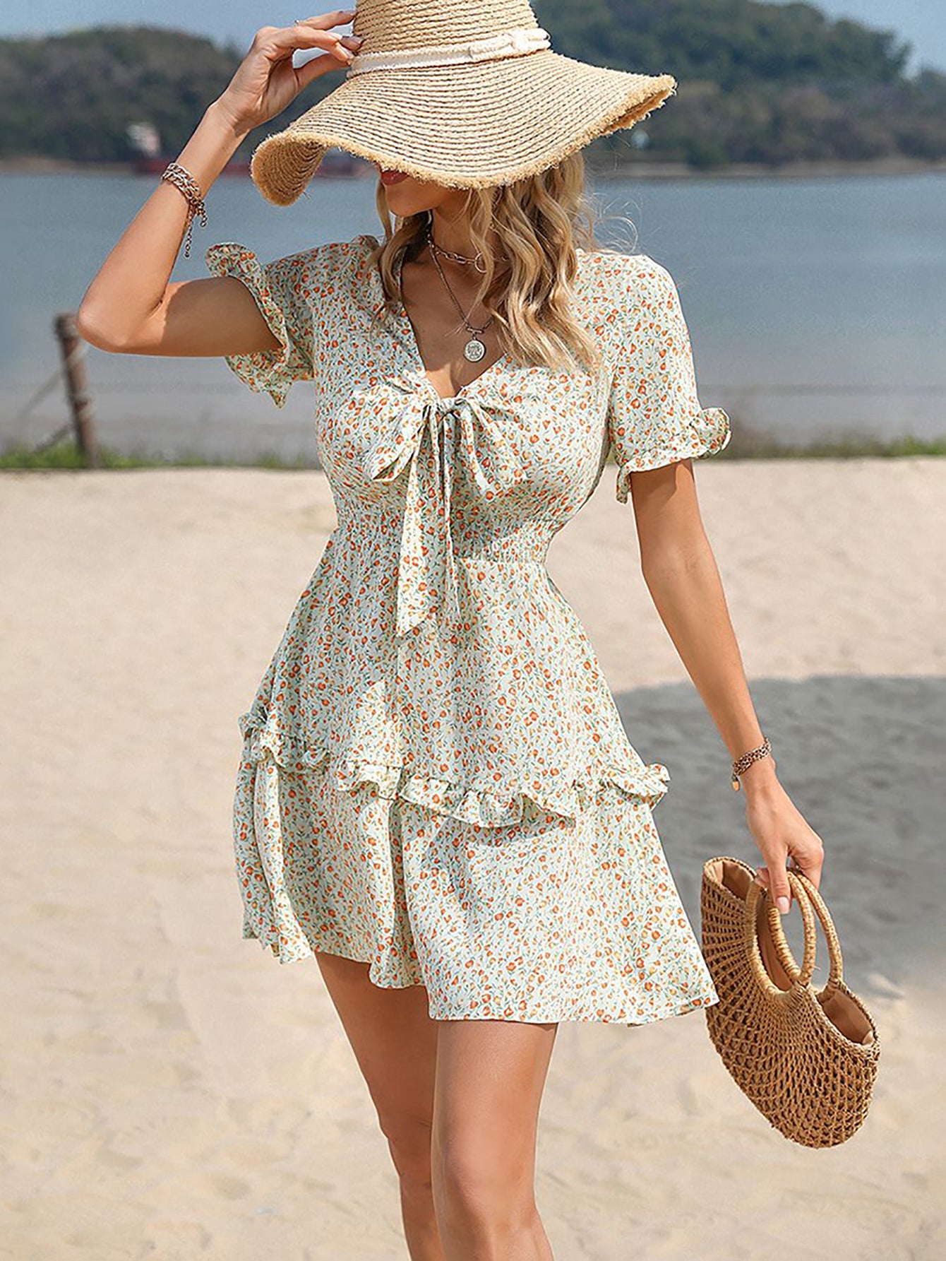 Green A Line Floral Sweet Short Vacation Dress - Fashionpara