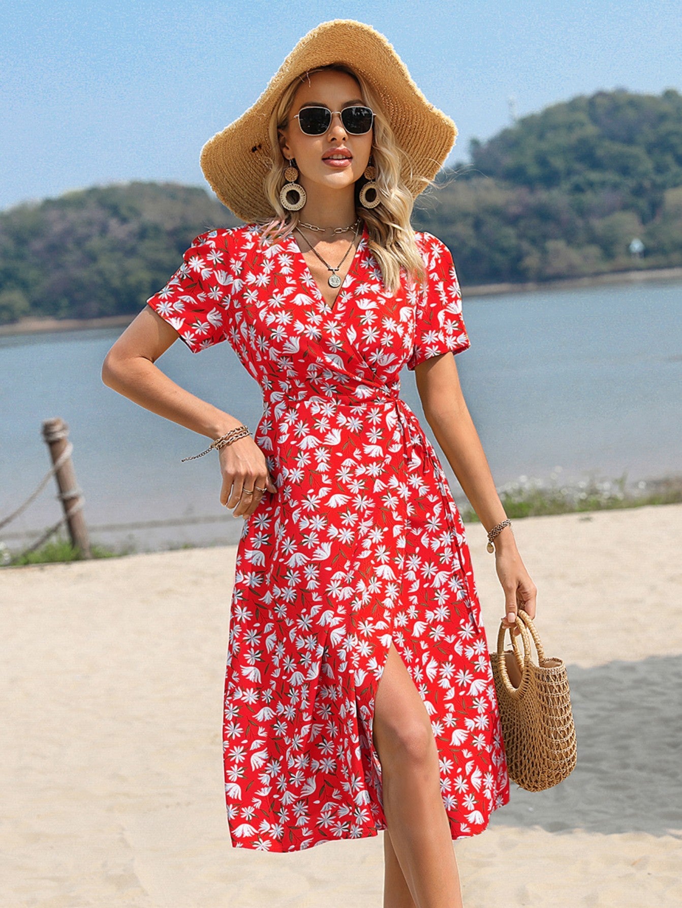 Yellow A Line Floral V Neck Long Summer Vacation Dress - Fashionpara