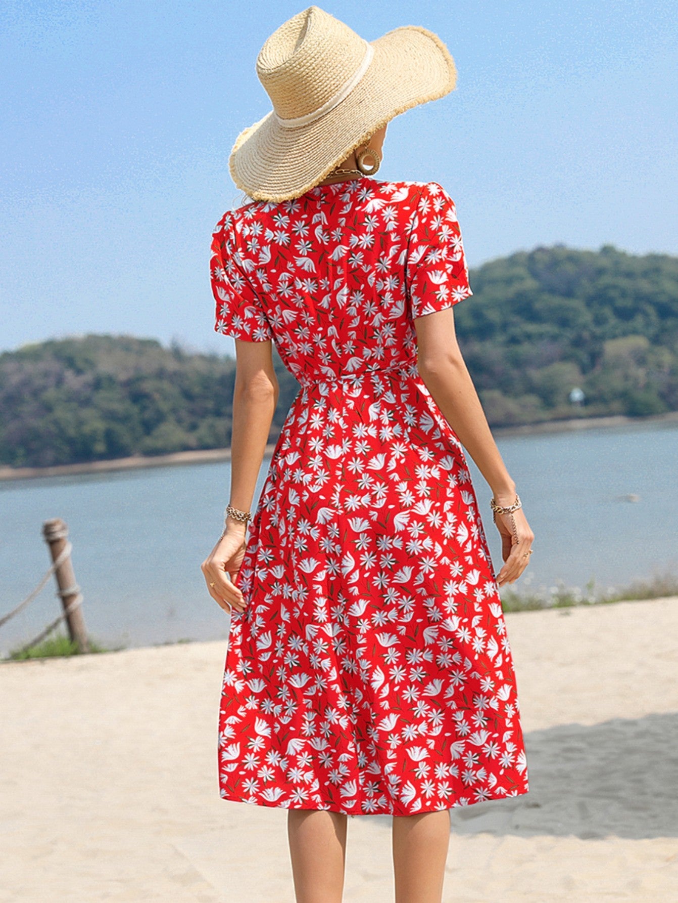 Yellow A Line Floral V Neck Long Summer Vacation Dress - Fashionpara