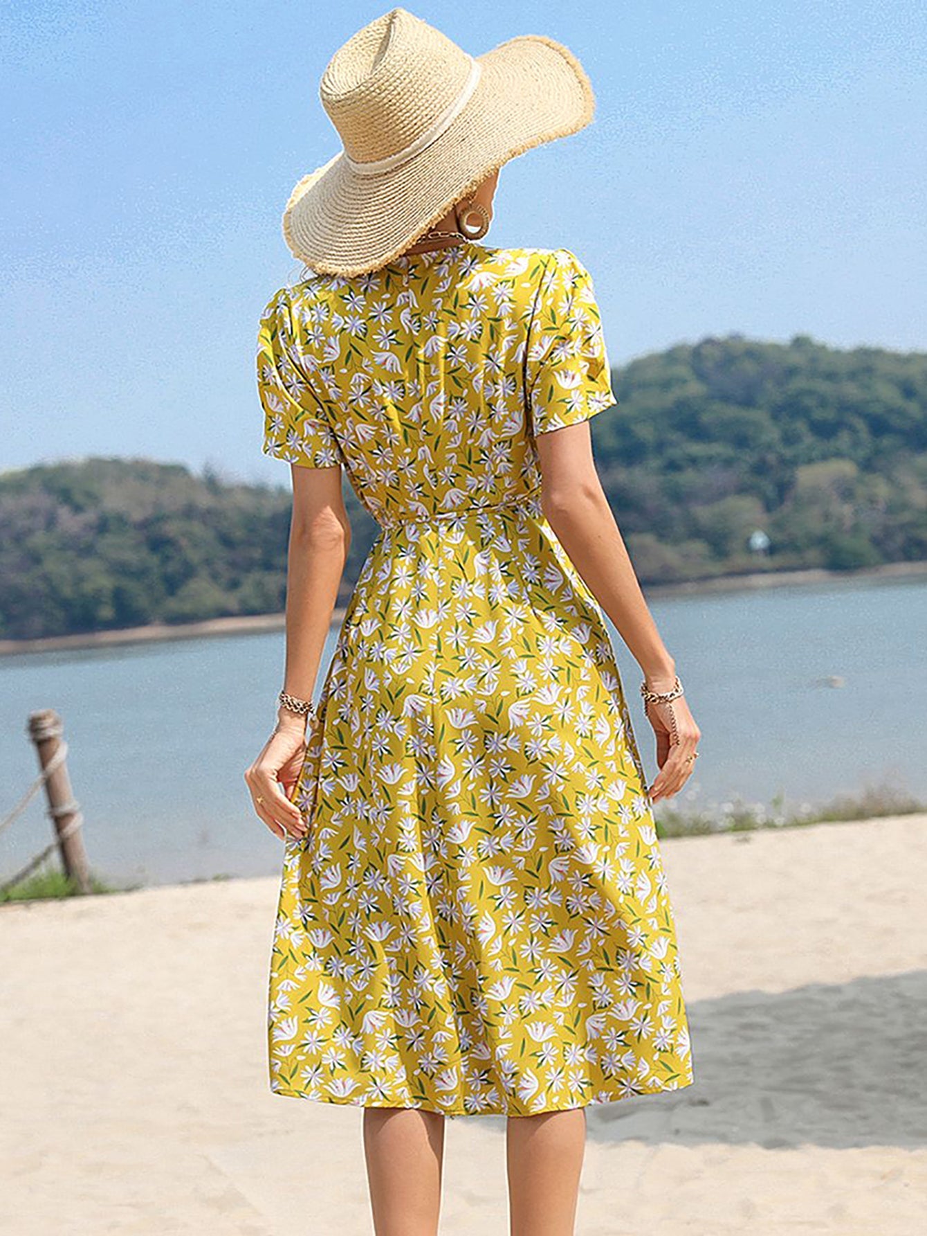 Yellow A Line Floral V Neck Long Summer Vacation Dress - Fashionpara