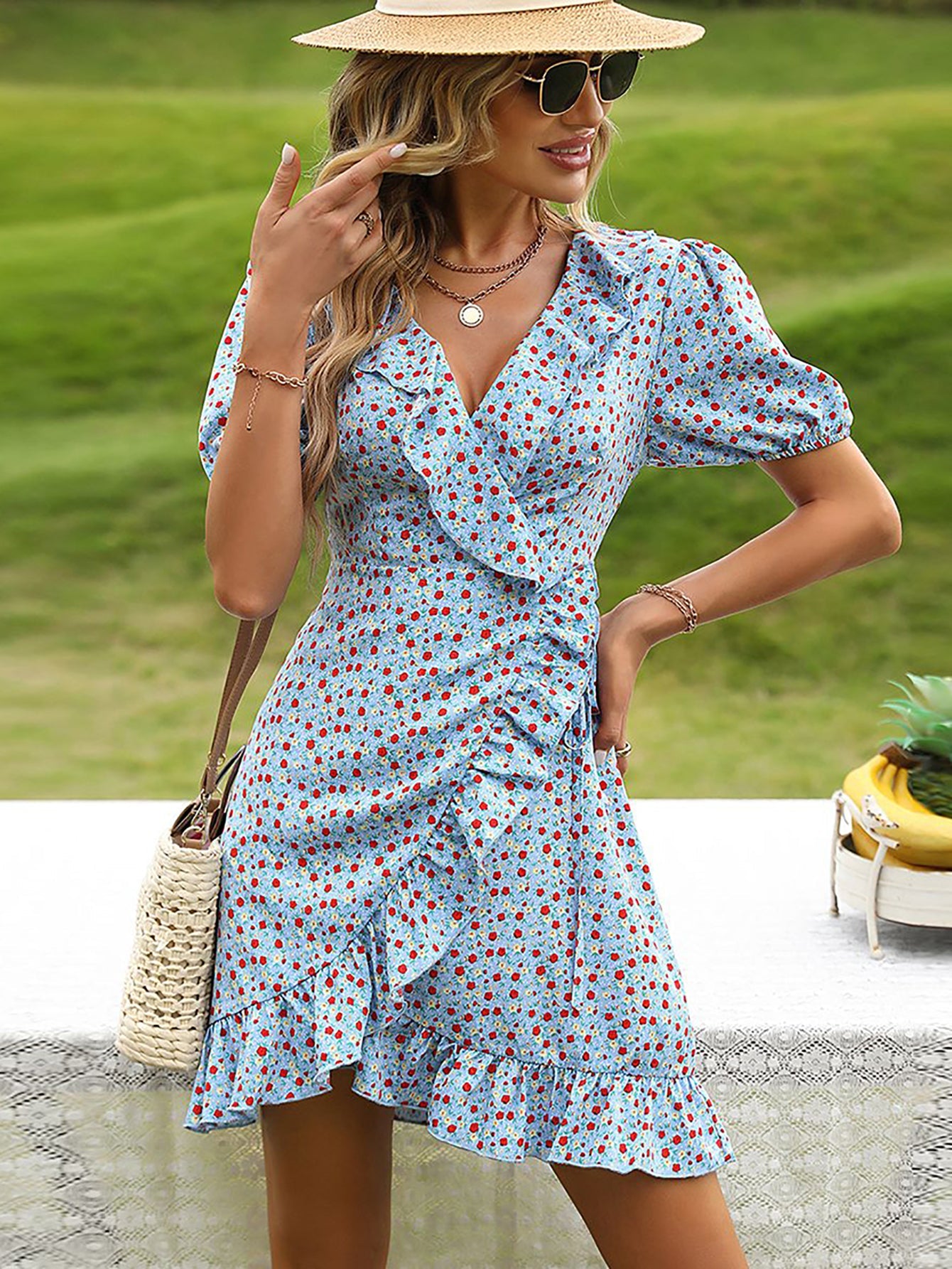 Blue A Line Floral V Neck Short Vacation Ruffles Dress - Fashionpara