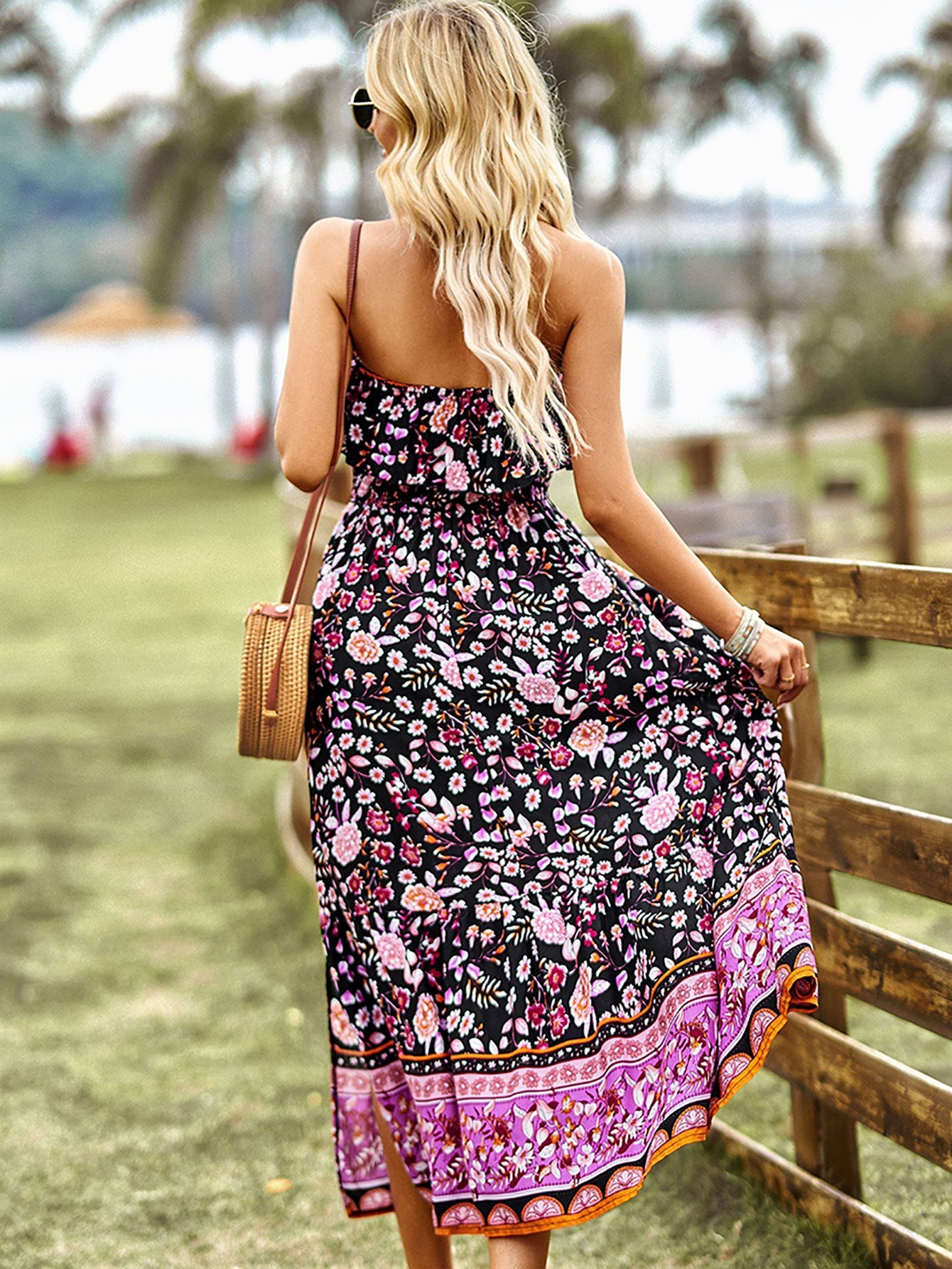 Pink Floral A Line Off The Shoulder Long Boho Dress - Fashionpara