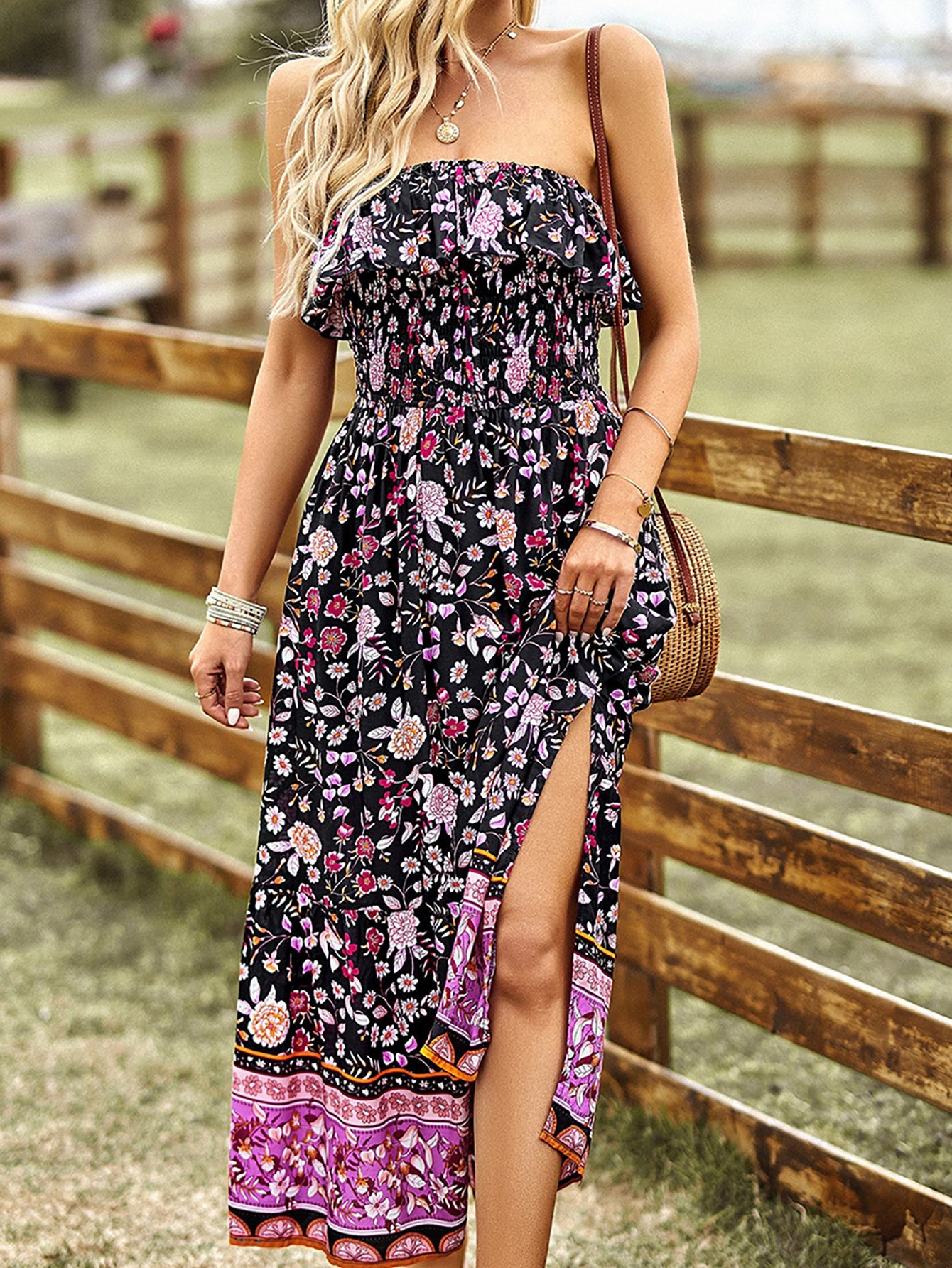 Pink Floral A Line Off The Shoulder Long Boho Dress - Fashionpara