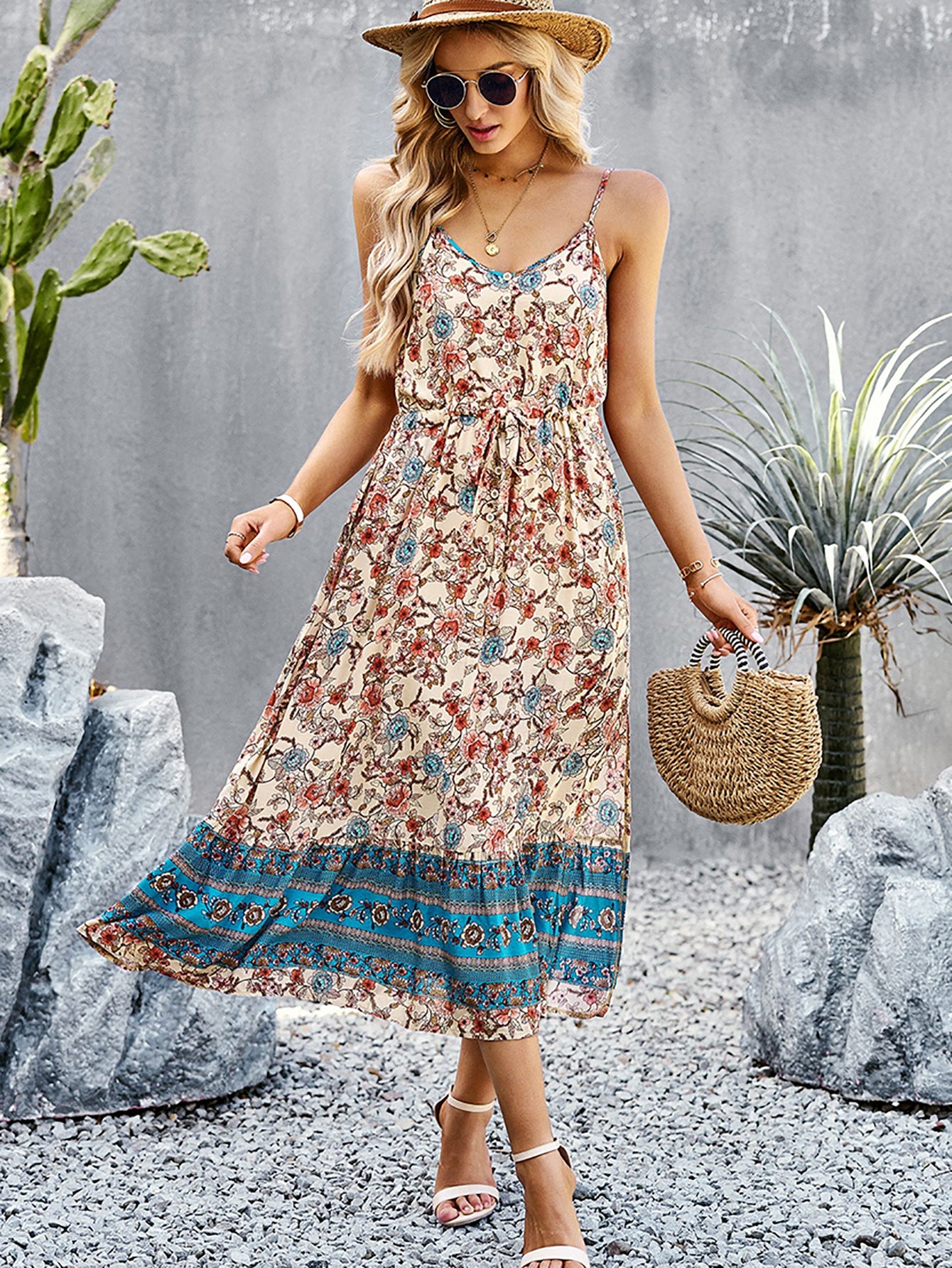 Blue A Line Floral Long Boho Dress With Slit - Fashionpara