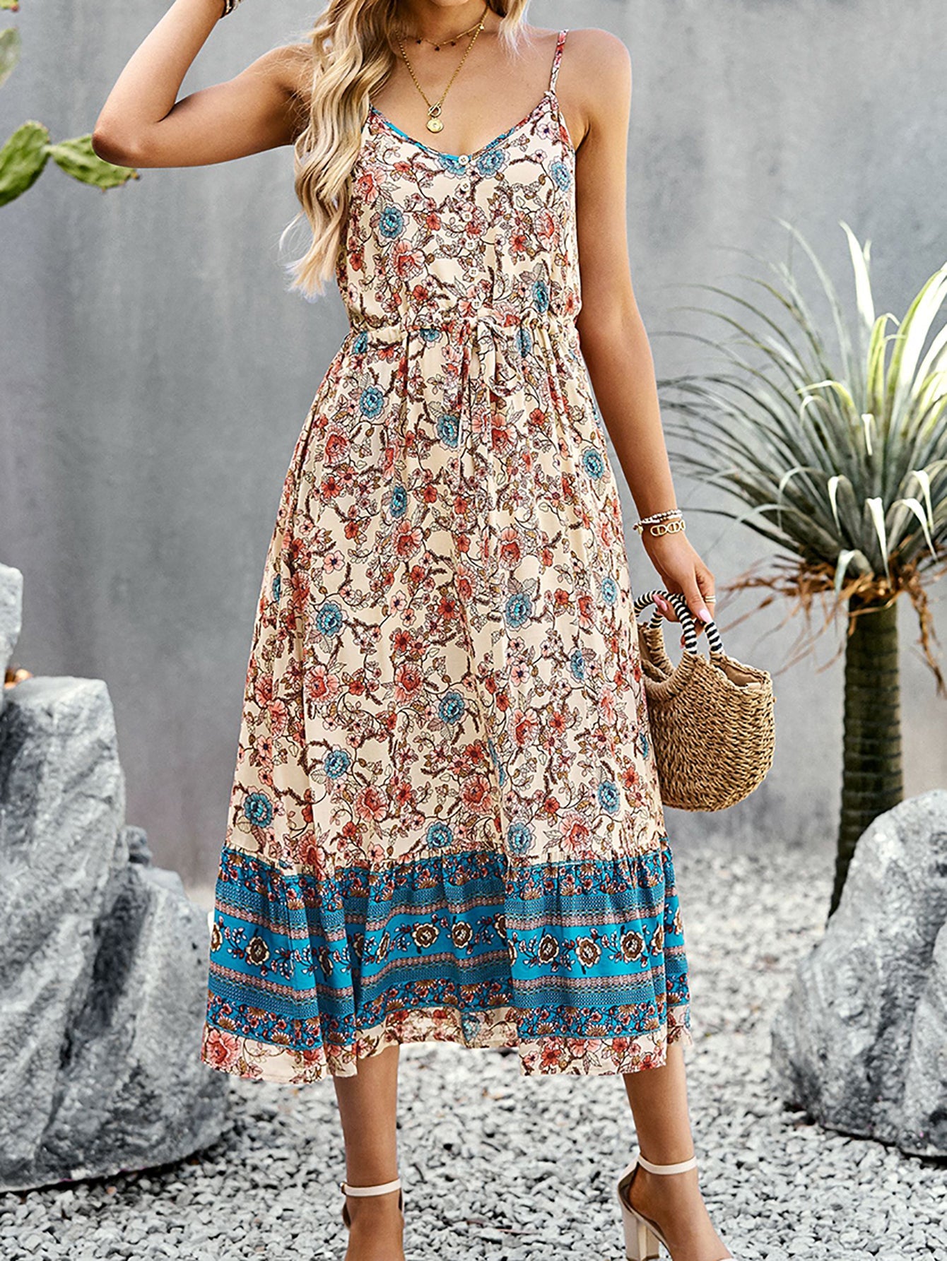 Blue A Line Floral Long Boho Dress With Slit - Fashionpara