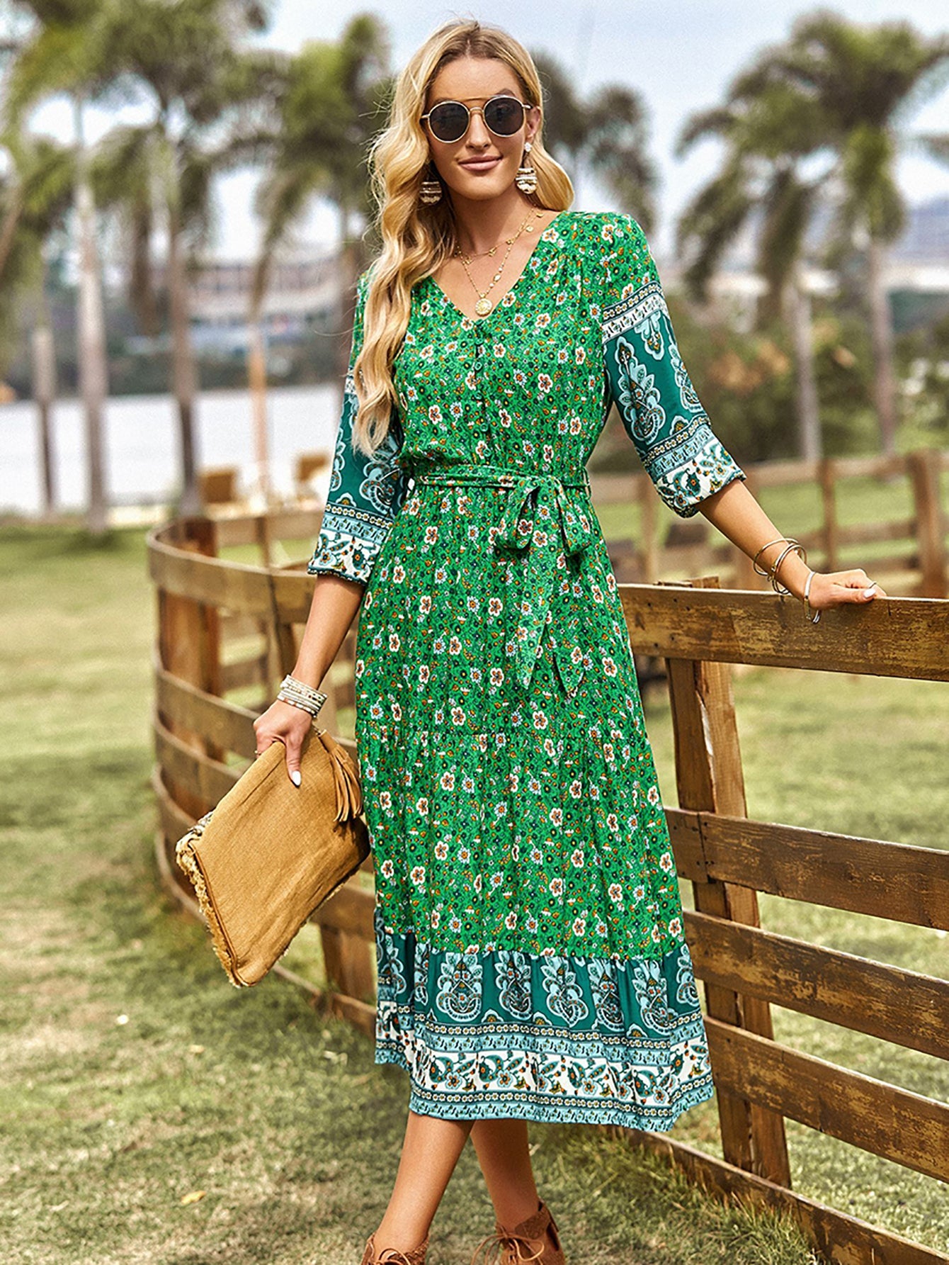 Pink A Line Floral Long Boho Dress - Fashionpara