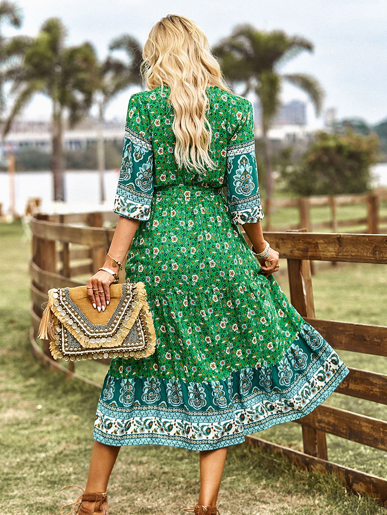 Pink A Line Floral Long Boho Dress - Fashionpara