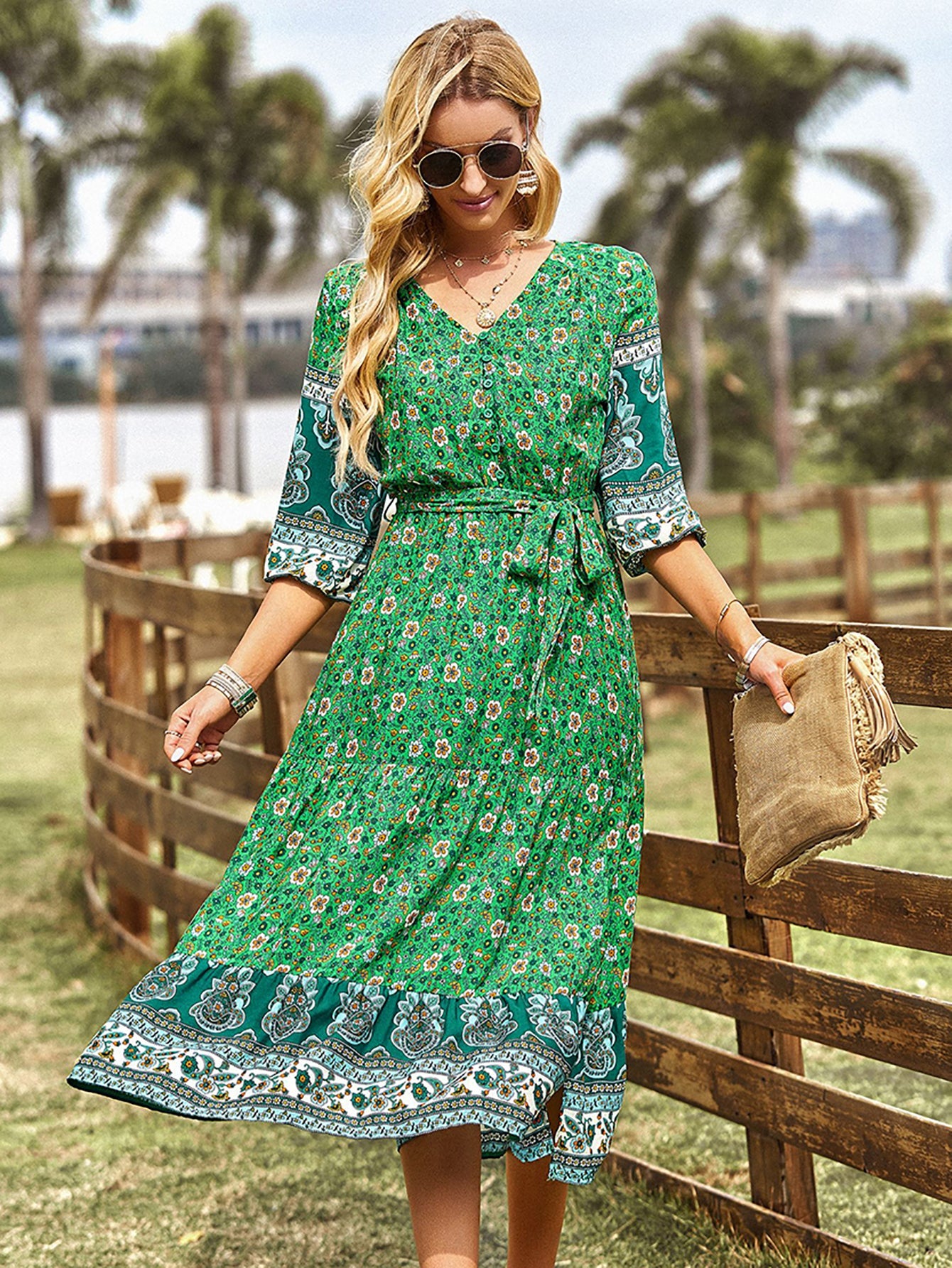 Pink A Line Floral Long Boho Dress - Fashionpara