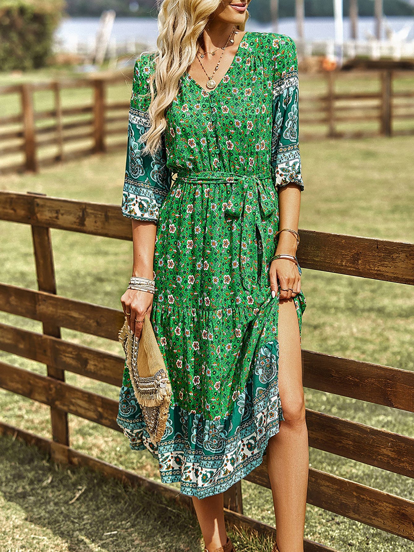 Pink A Line Floral Long Boho Dress - Fashionpara