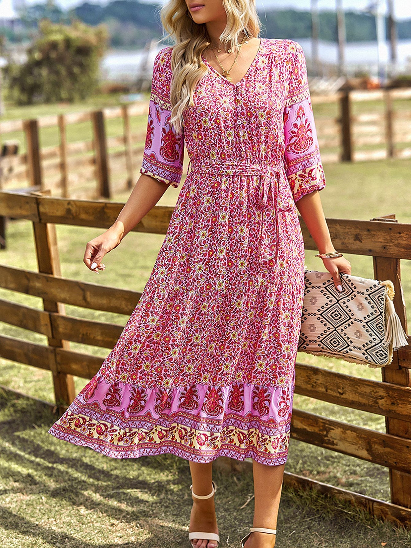 Pink A Line Floral Long Boho Dress - Fashionpara